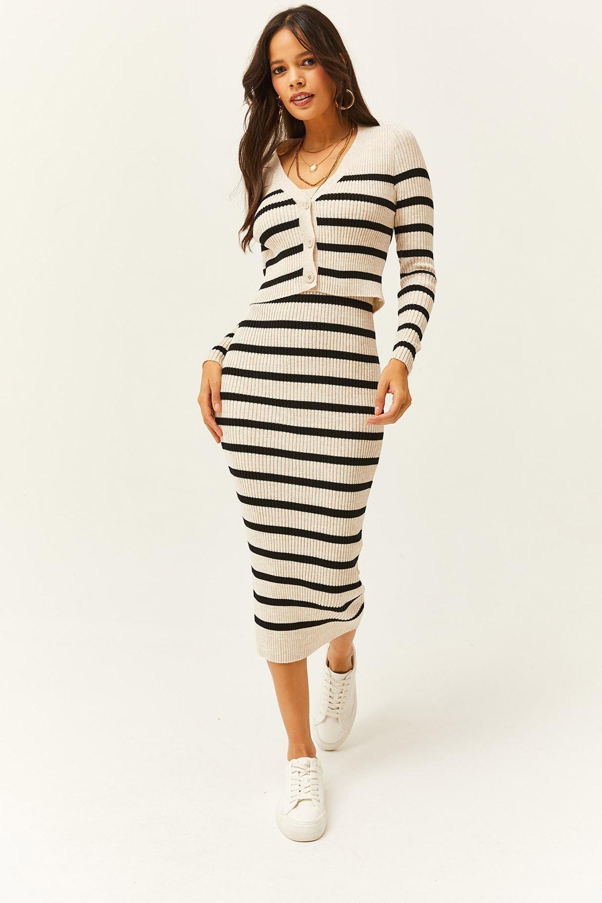 Beige Striped Bodycon Midi Dress, STONE, large image number 0