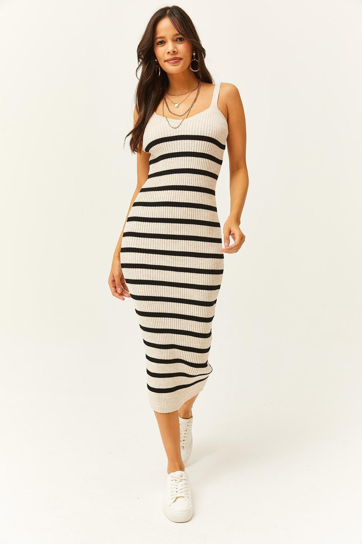 Beige Striped Bodycon Midi Dress, STONE, large image number 1