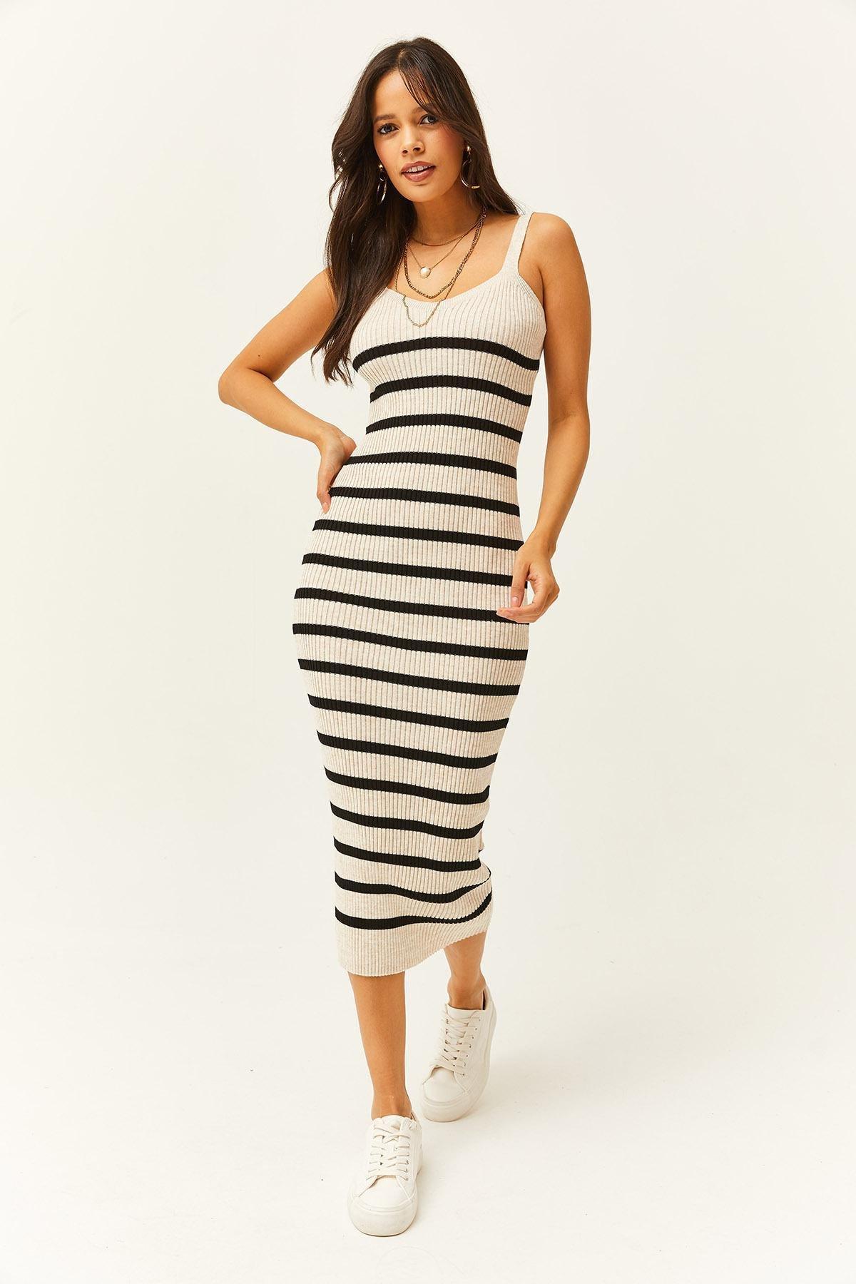 Beige Striped Bodycon Midi Dress, STONE, large image number 3