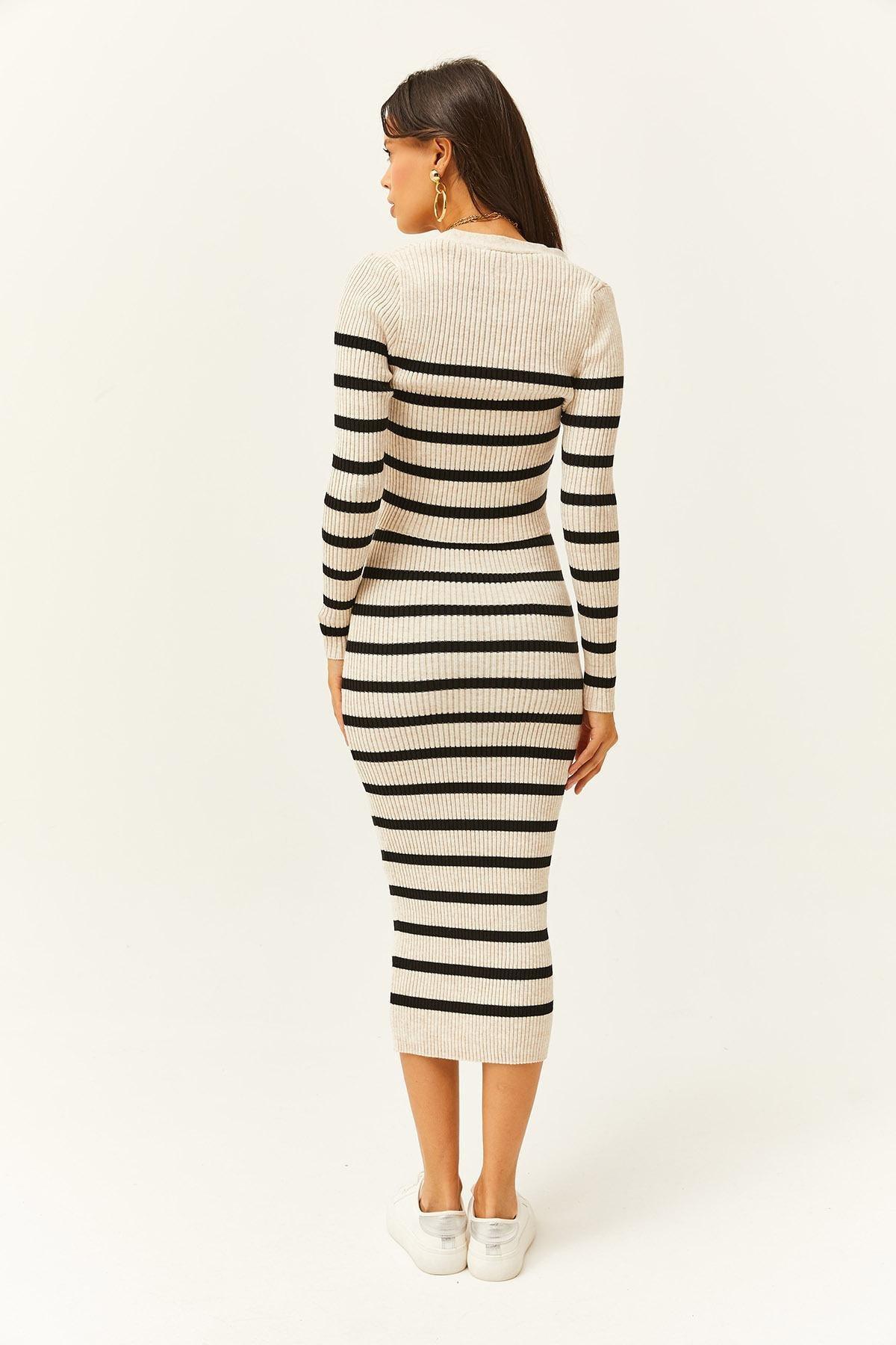 Beige Striped Bodycon Midi Dress, STONE, large image number 5