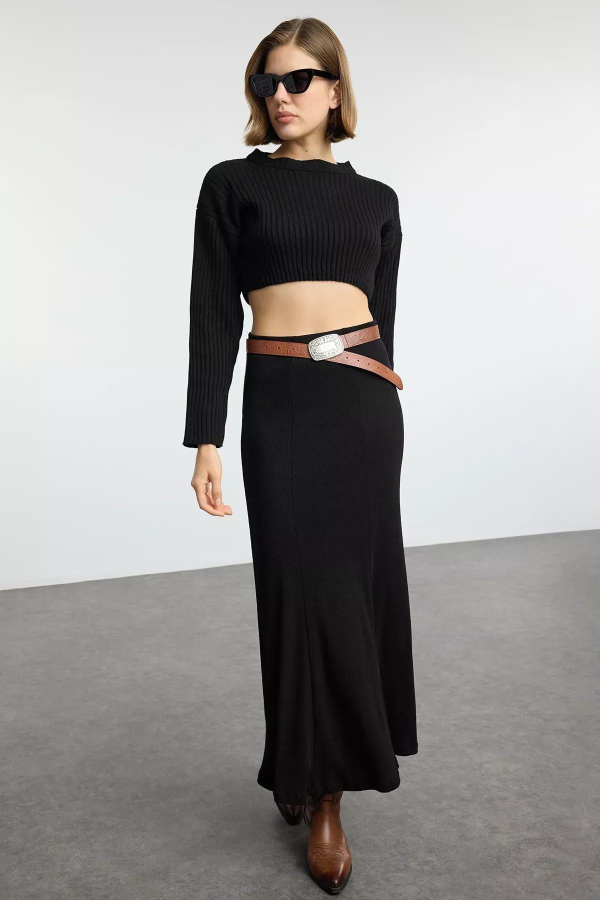 Black Maxi Stitch Knit Skirt, BLACK, large image number 0