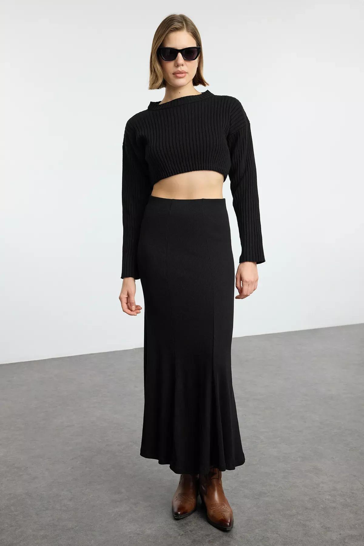 Black Maxi Stitch Knit Skirt, BLACK, large image number 1