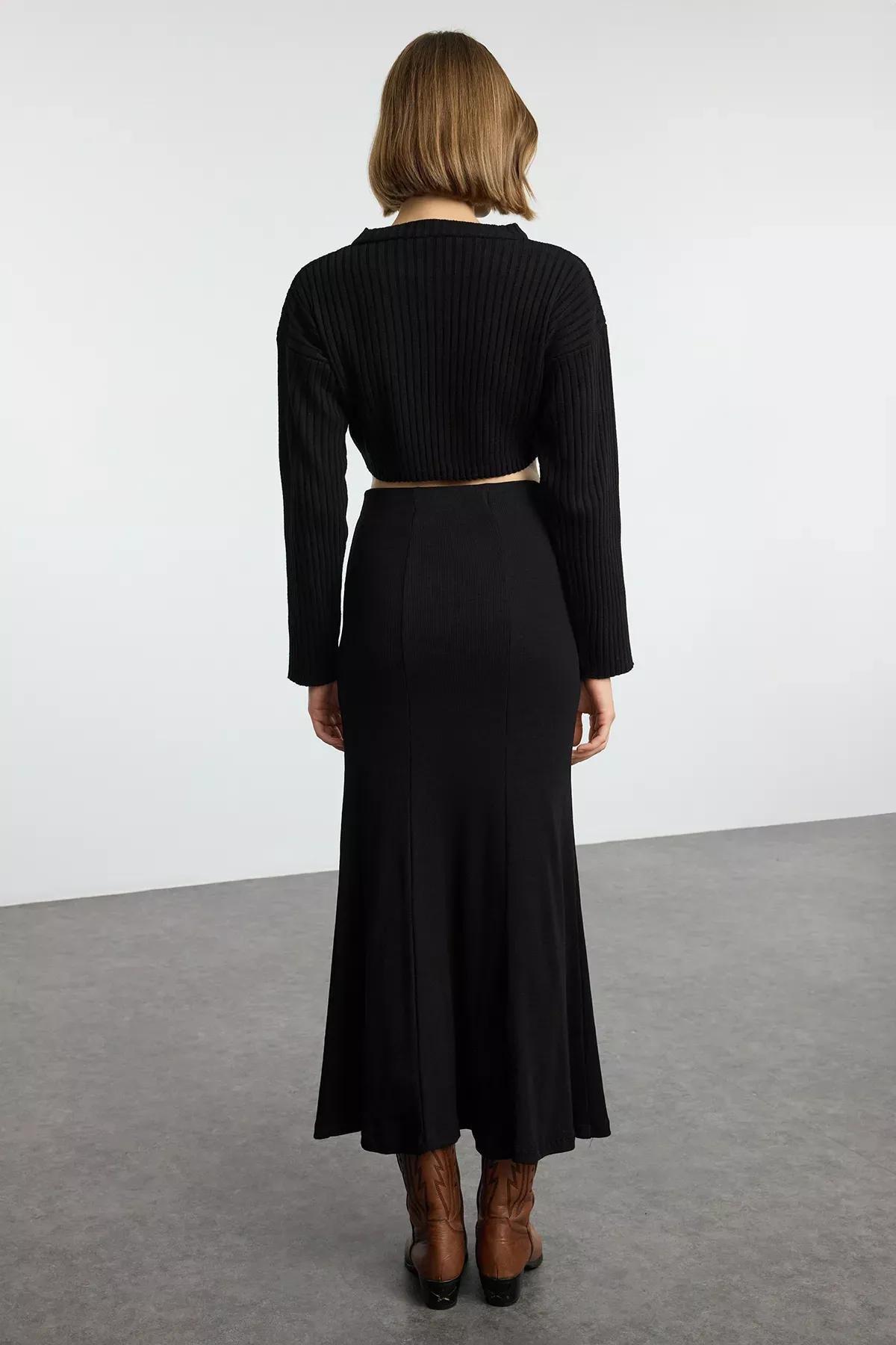 Black Maxi Stitch Knit Skirt, BLACK, large image number 4