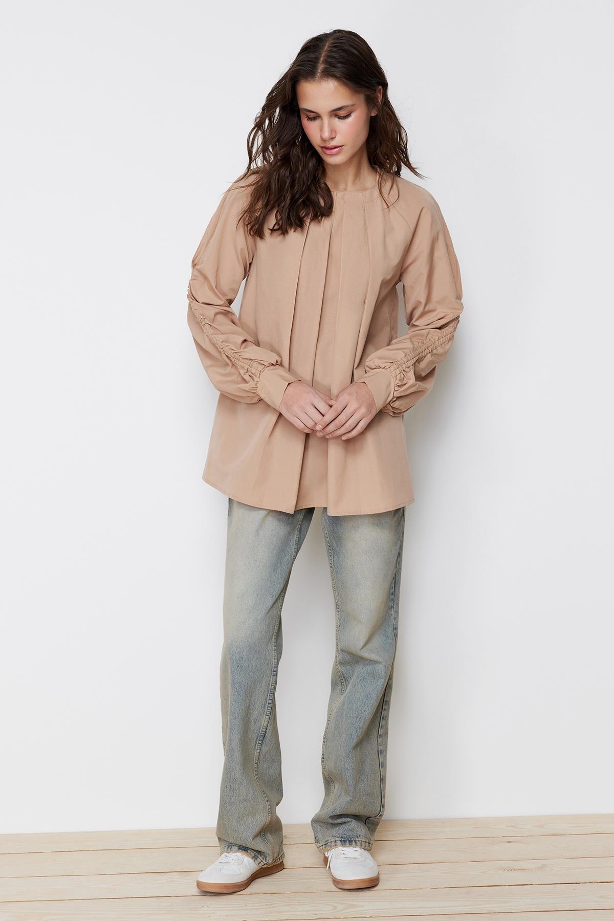 Beige Gathered Detailed Woven Tunic, , large image number 0
