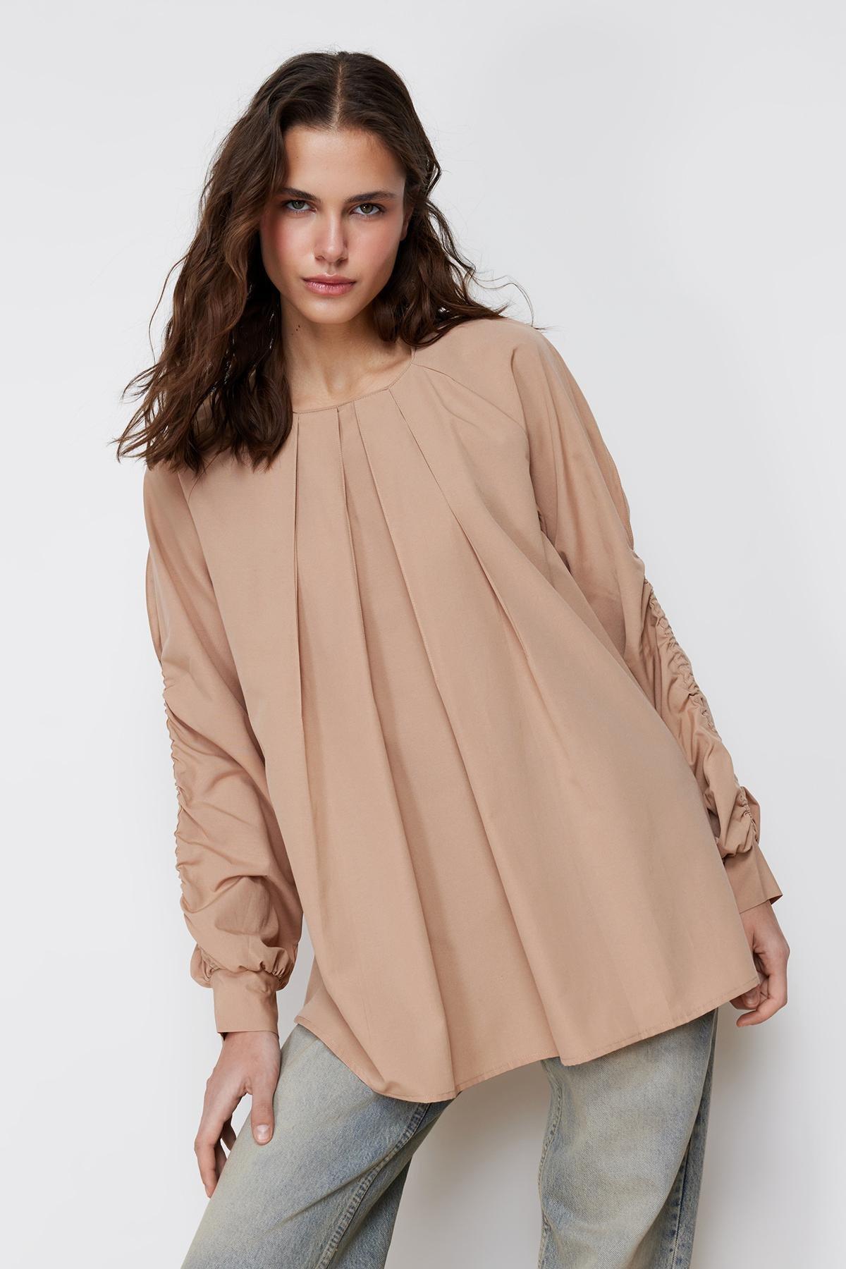 Beige Gathered Detailed Woven Tunic, , large image number 1