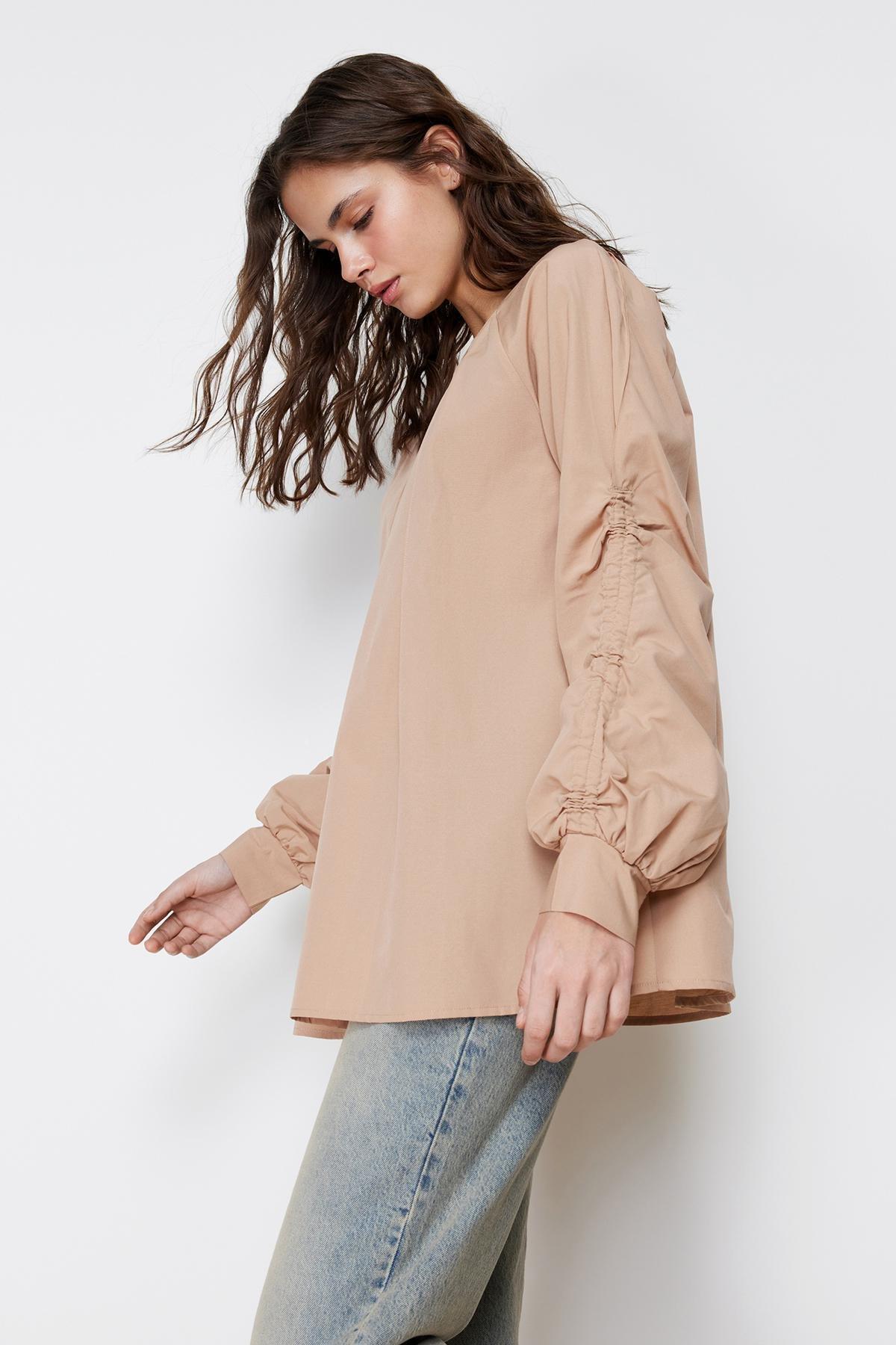 Beige Gathered Detailed Woven Tunic, , large image number 2