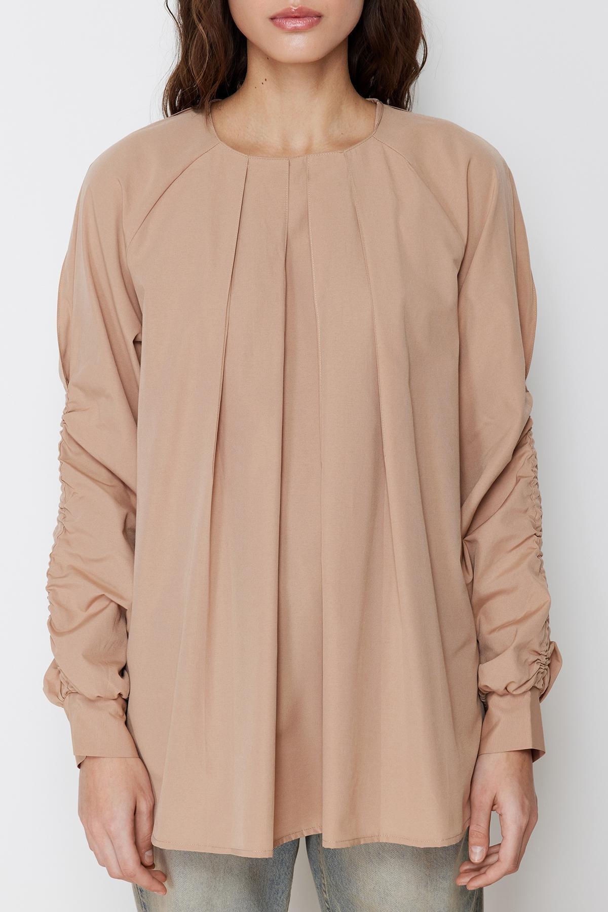 Beige Gathered Detailed Woven Tunic, , large image number 3