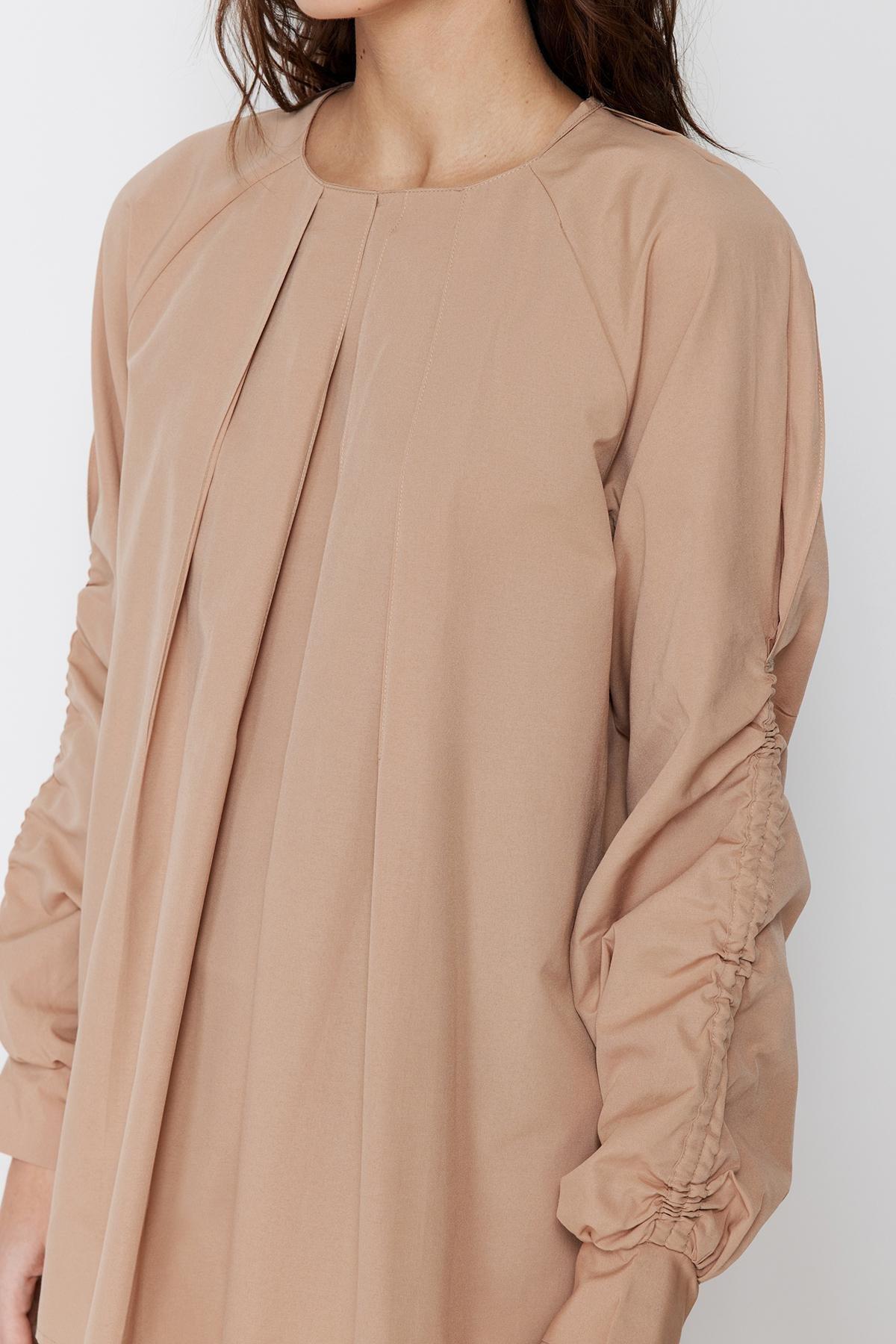 Beige Gathered Detailed Woven Tunic, , large image number 4