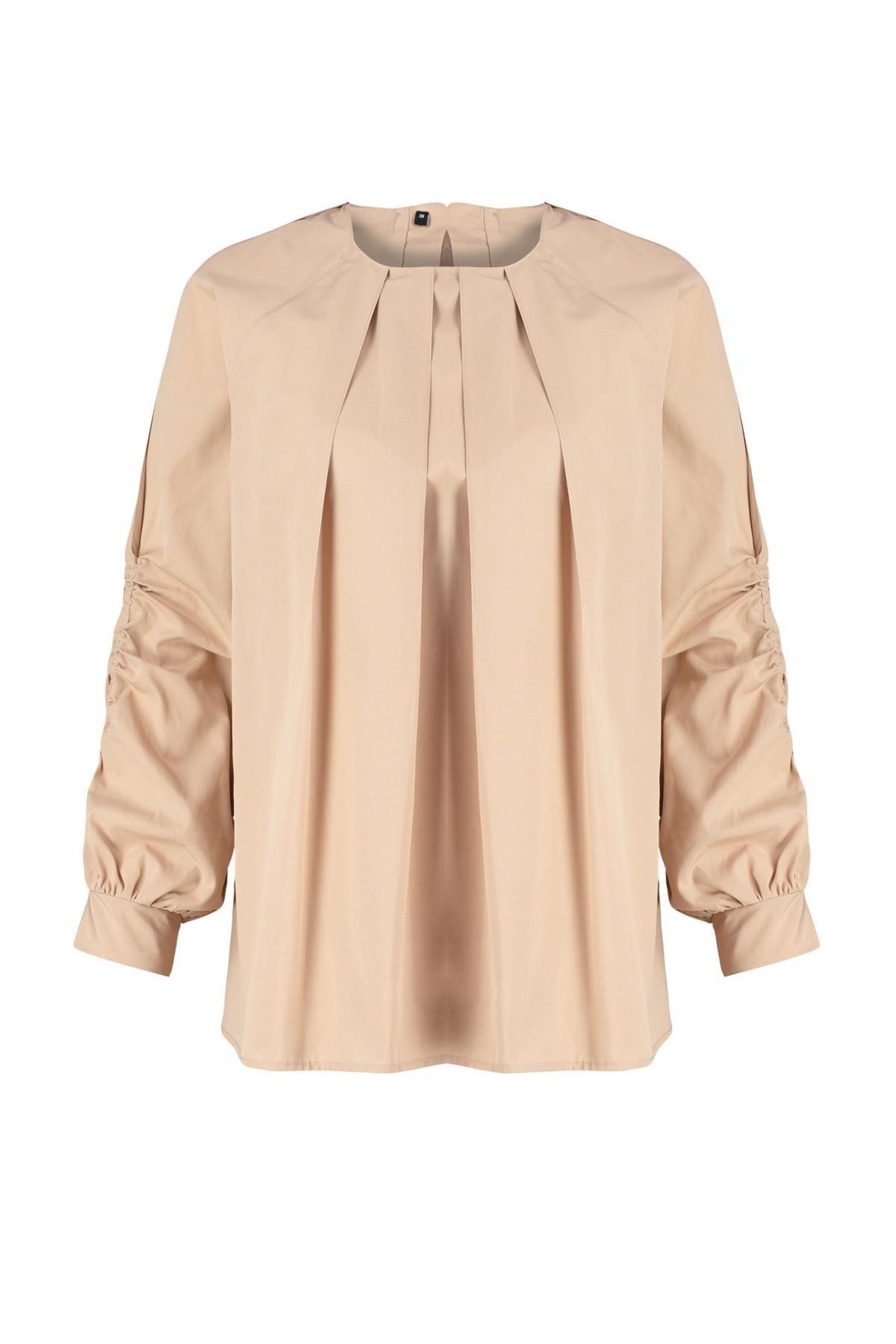 Beige Gathered Detailed Woven Tunic, , large image number 5