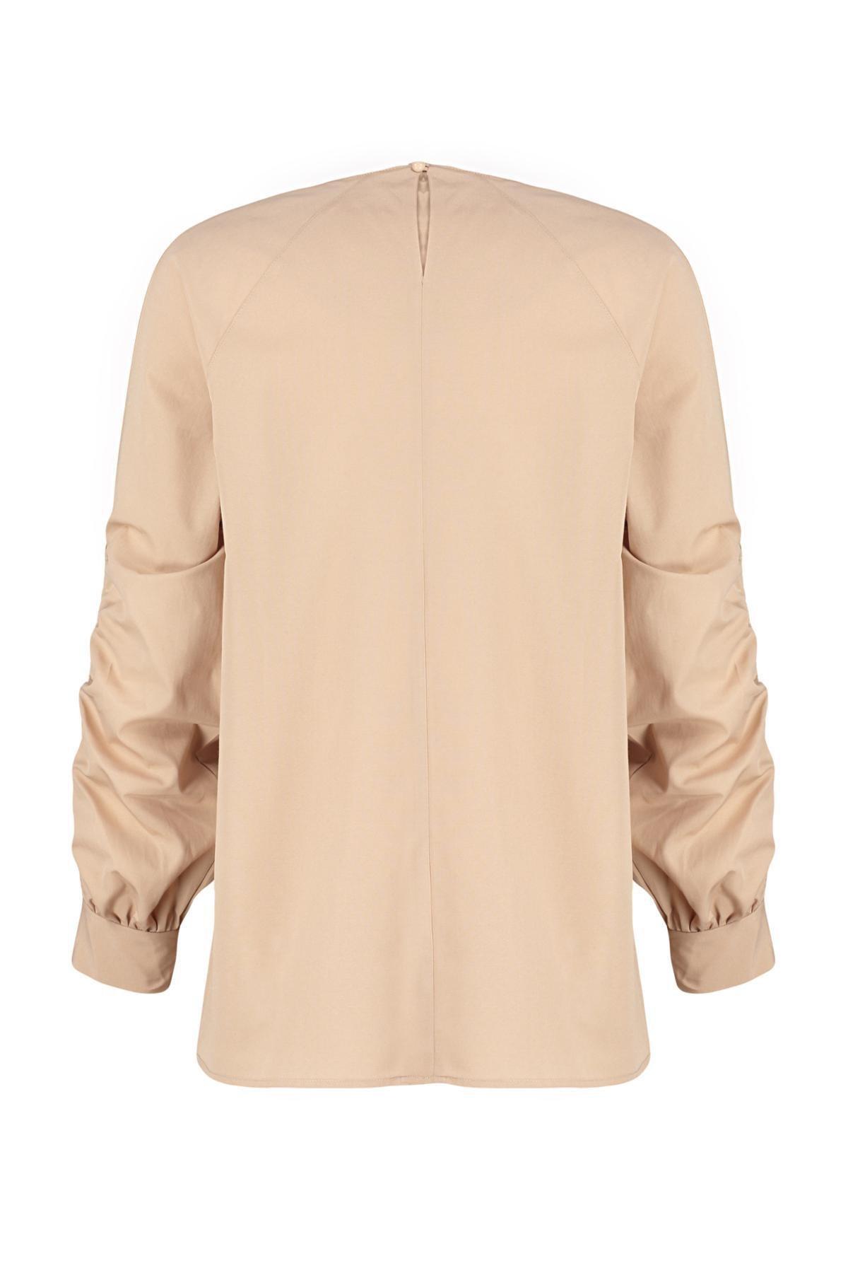 Beige Gathered Detailed Woven Tunic, , large image number 6