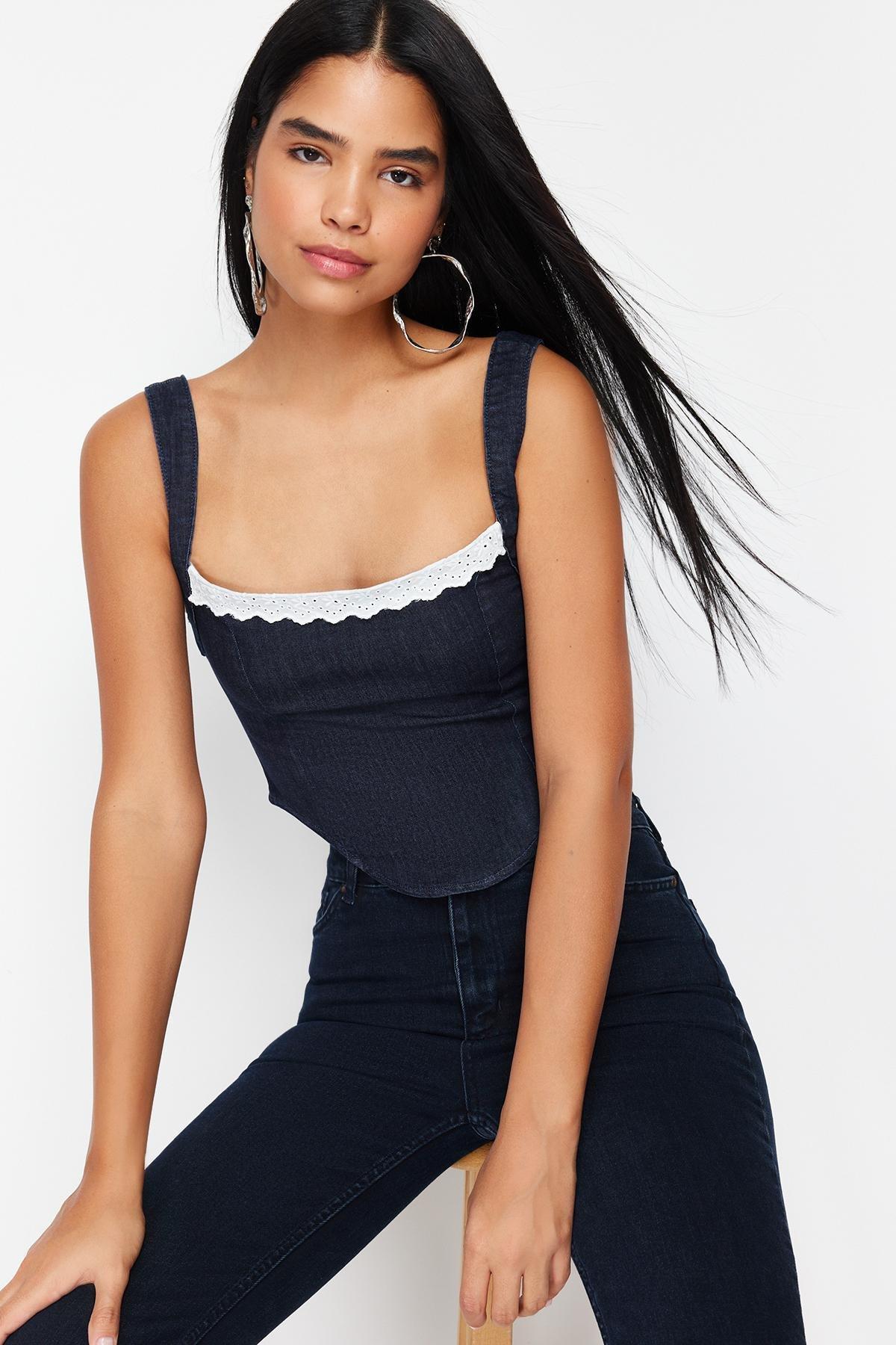 Navy Collar Detailed Strap Denim Bustier, , large image number 0