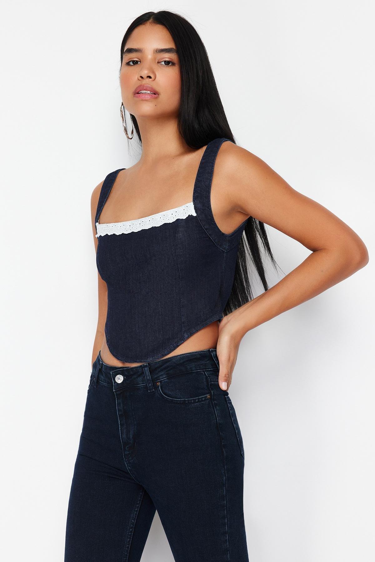 Navy Collar Detailed Strap Denim Bustier, , large image number 1