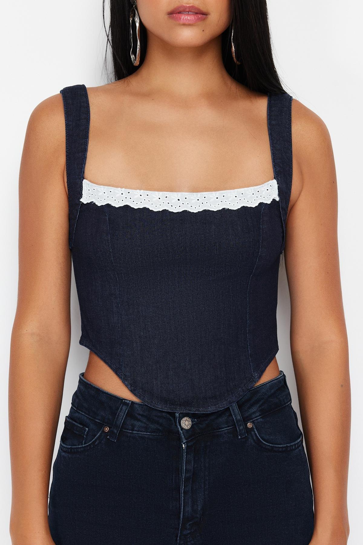 Navy Collar Detailed Strap Denim Bustier, , large image number 4