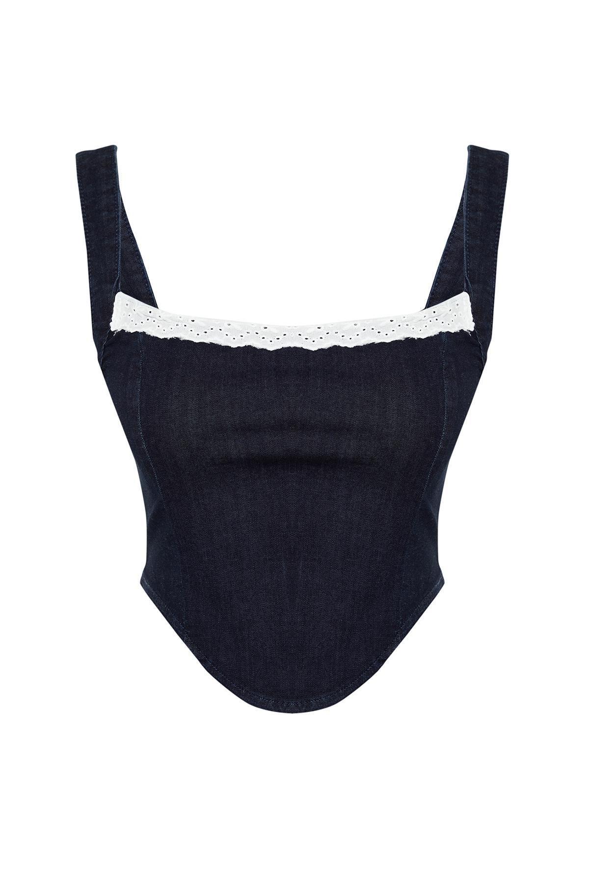 Navy Collar Detailed Strap Denim Bustier, , large image number 5