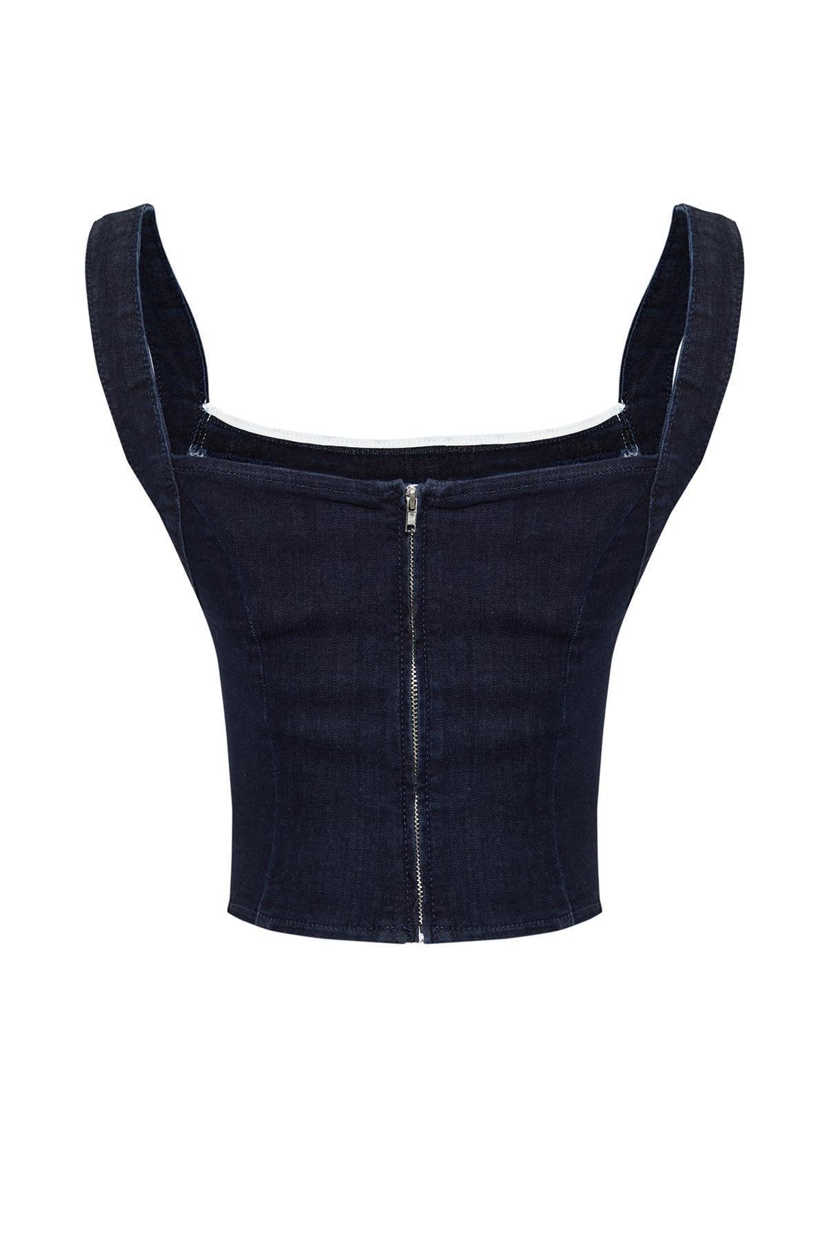 Navy Collar Detailed Strap Denim Bustier, , large image number 6