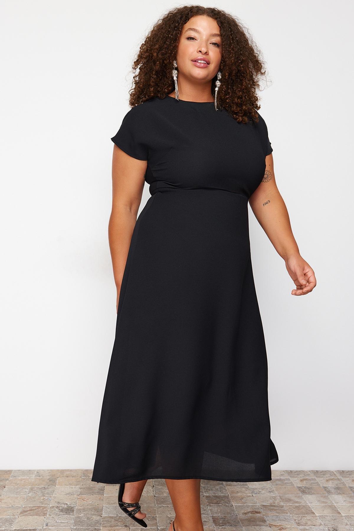 Black A-Line Maxi/Long Length Short Sleeve Woven Plus Size Dress TBBSS24AH00015, Single item, BLACK, large image number 0