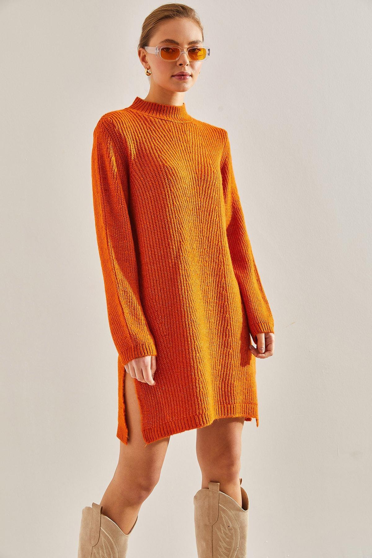 Orange Turtleneck Knitwear Dress, Orange, large image number 0