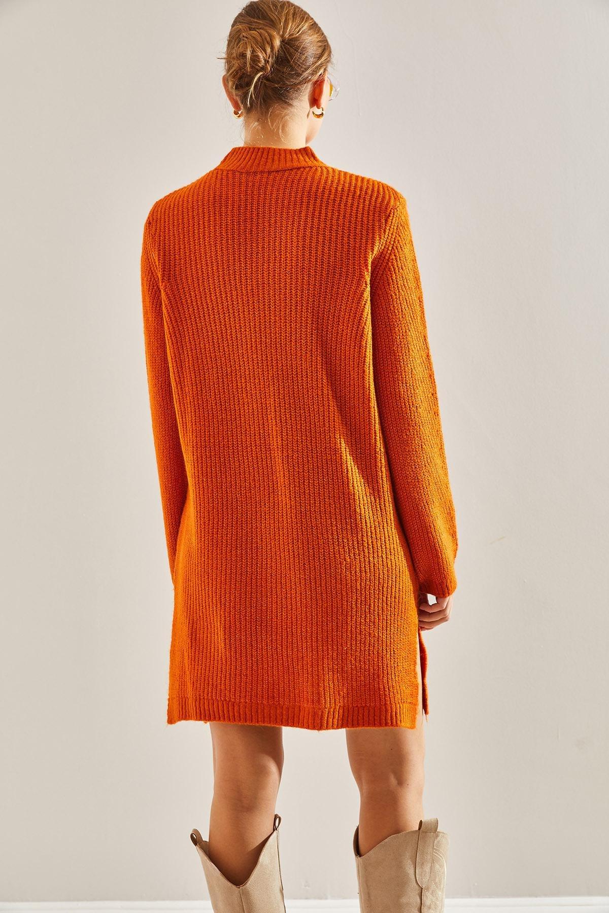 Orange Turtleneck Knitwear Dress, Orange, large image number 1