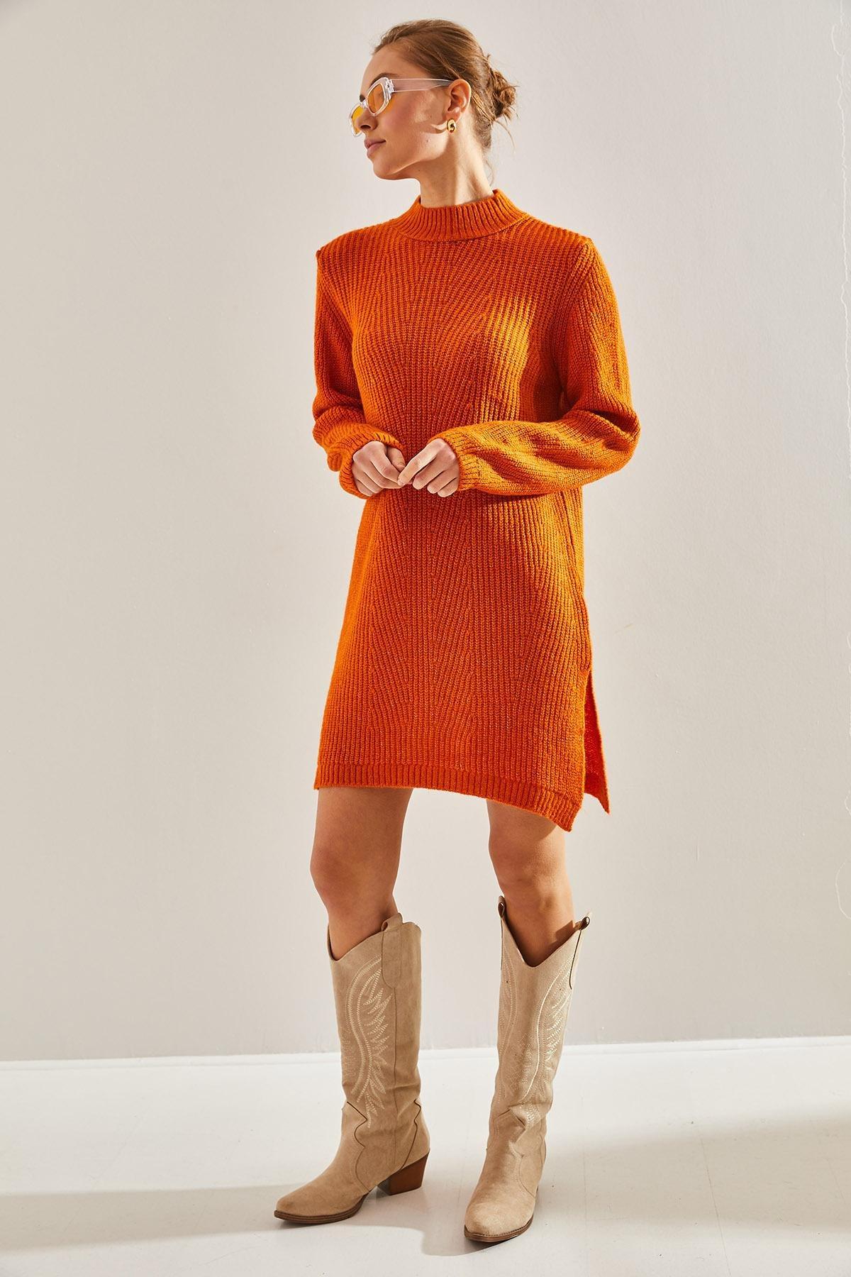 Orange Turtleneck Knitwear Dress, Orange, large image number 2