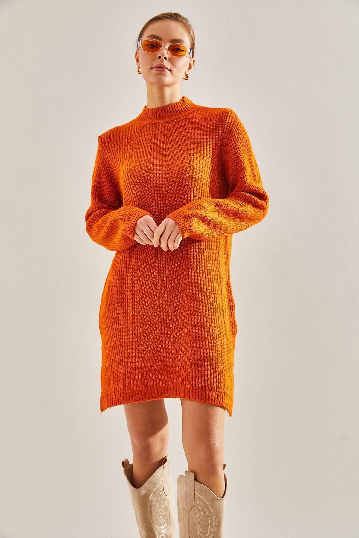 Orange Turtleneck Knitwear Dress, Orange, large image number 3