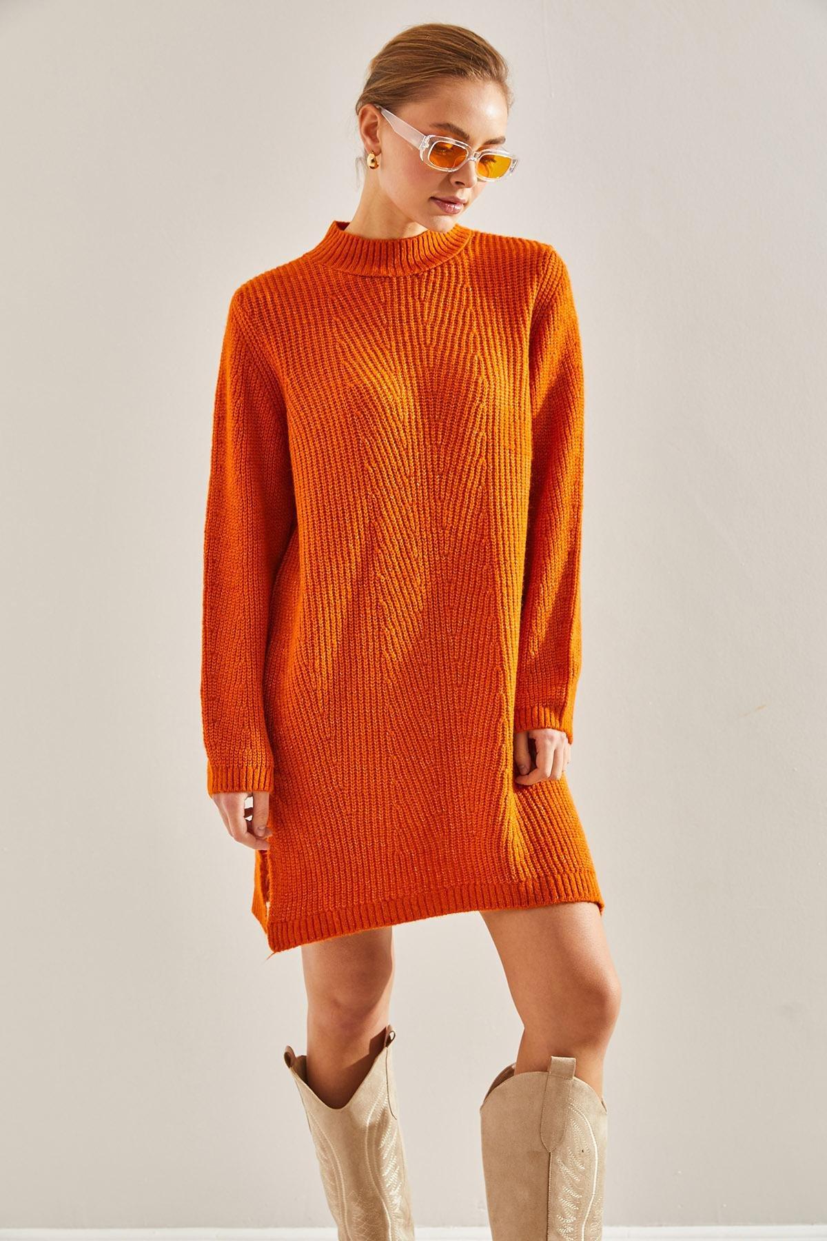 Orange Turtleneck Knitwear Dress, Orange, large image number 4
