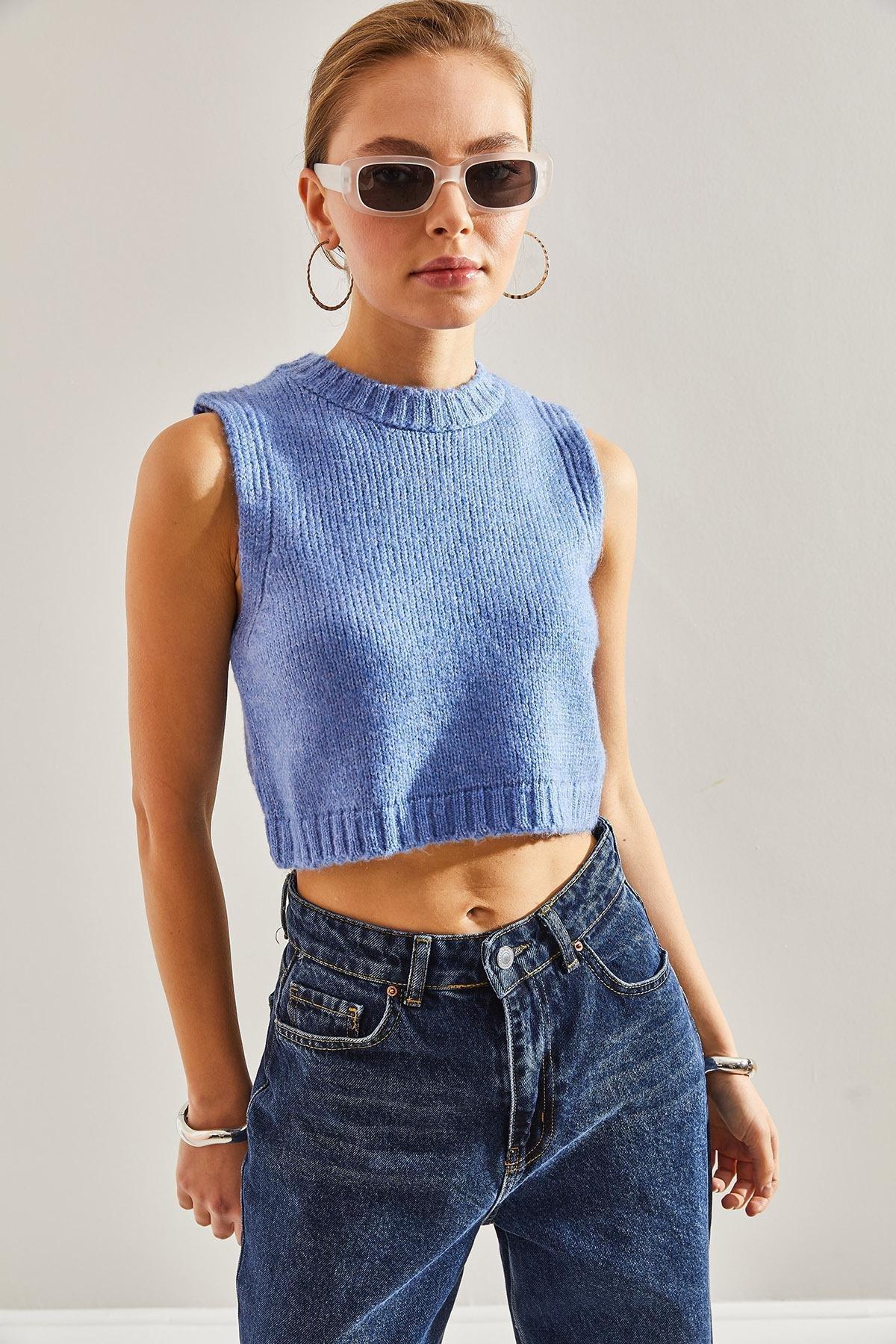 Blue Crop Sweater, Blue, large image number 4