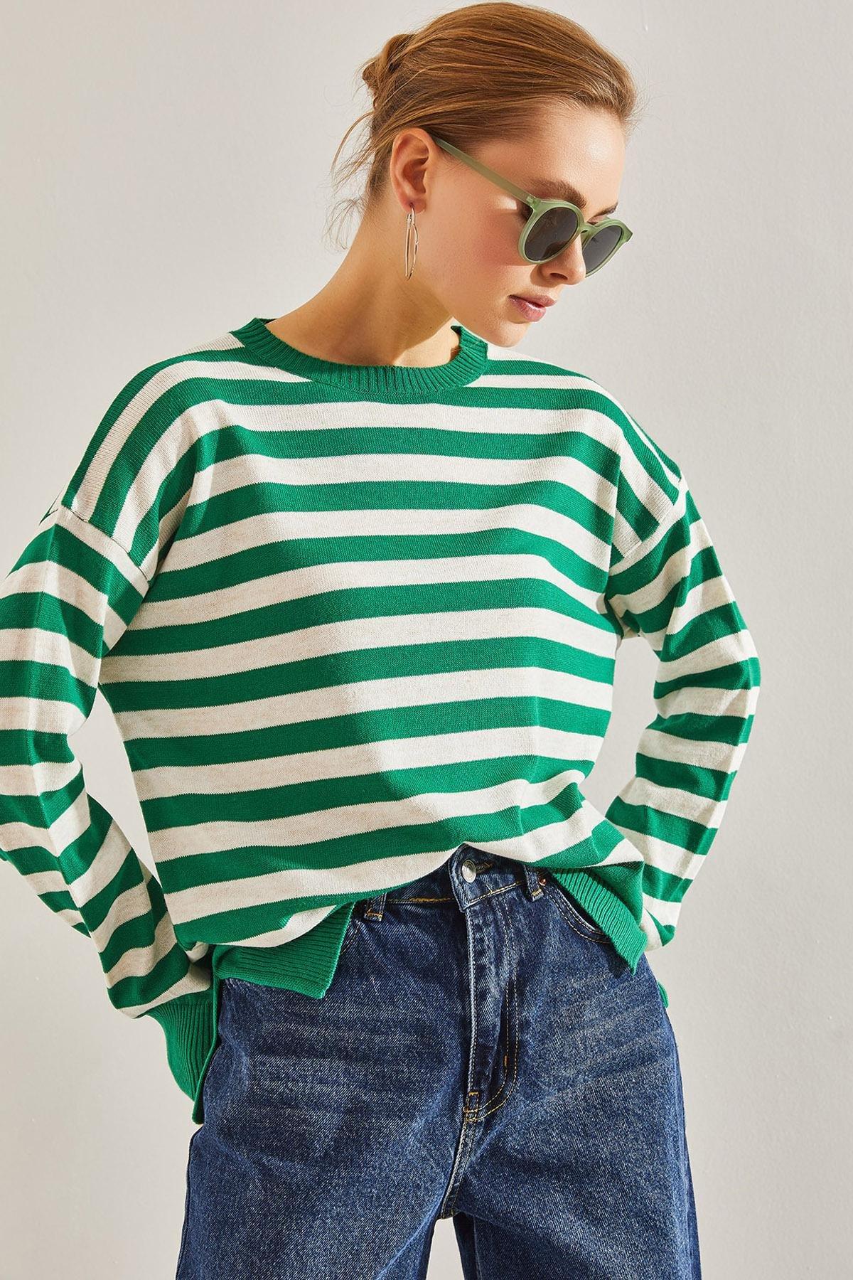 Multicolour Striped Knitted Sweater, Green-White, large image number 0