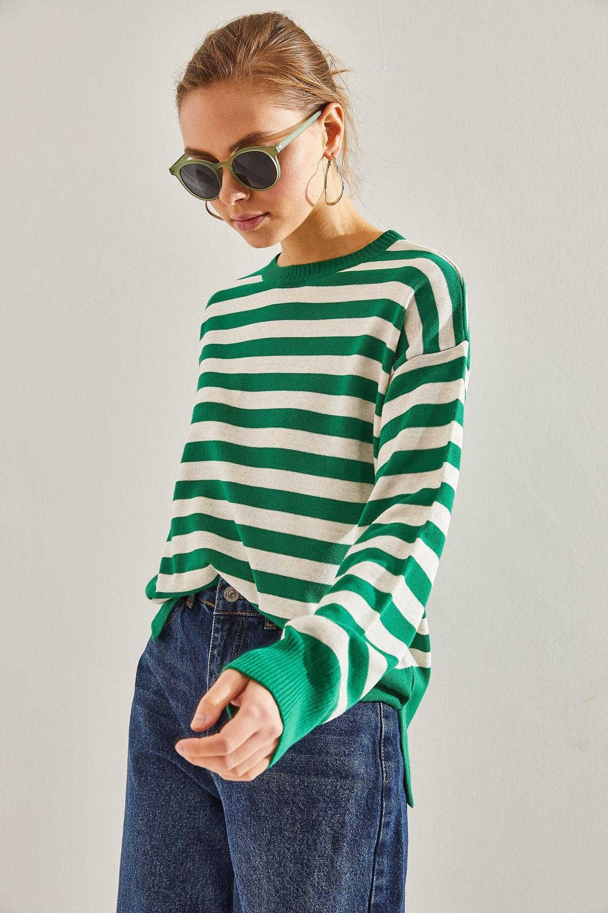 Multicolour Striped Knitted Sweater, Green-White, large image number 1