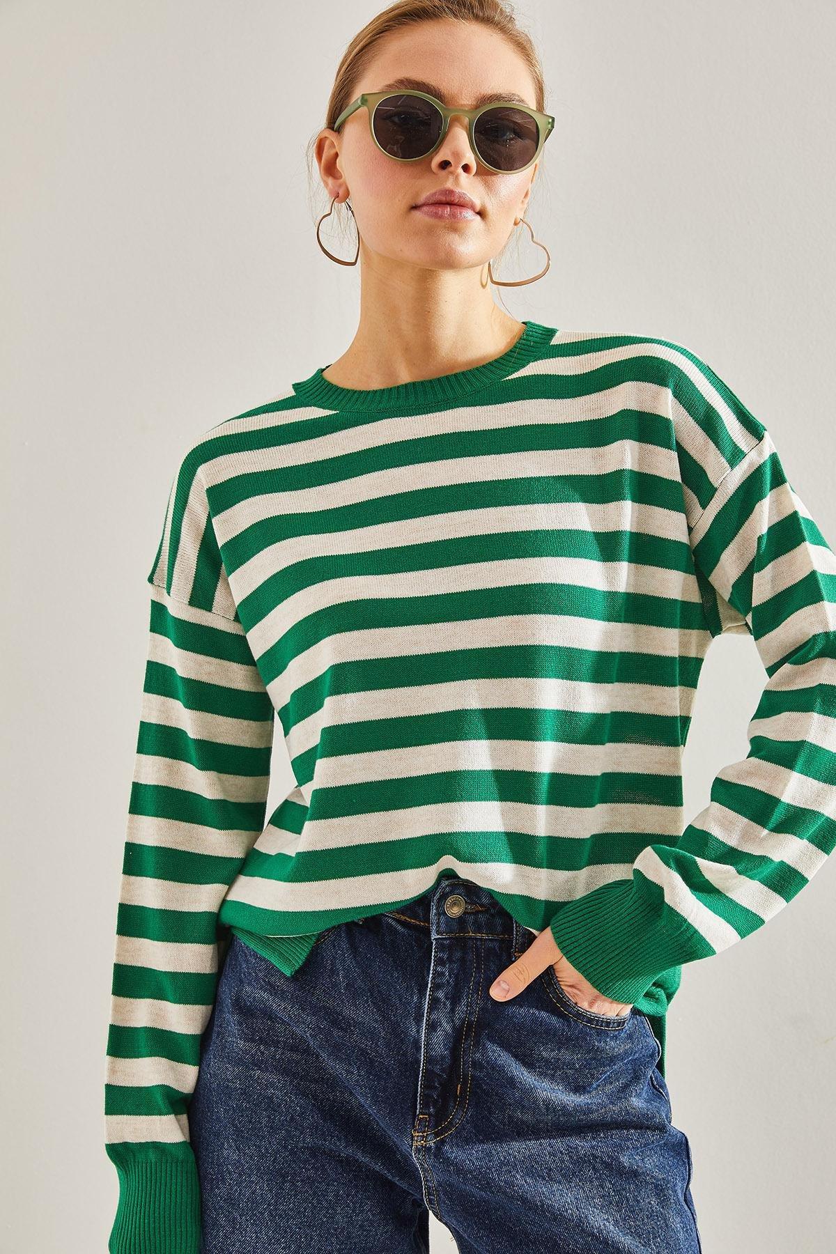 Multicolour Striped Knitted Sweater, Green-White, large image number 2