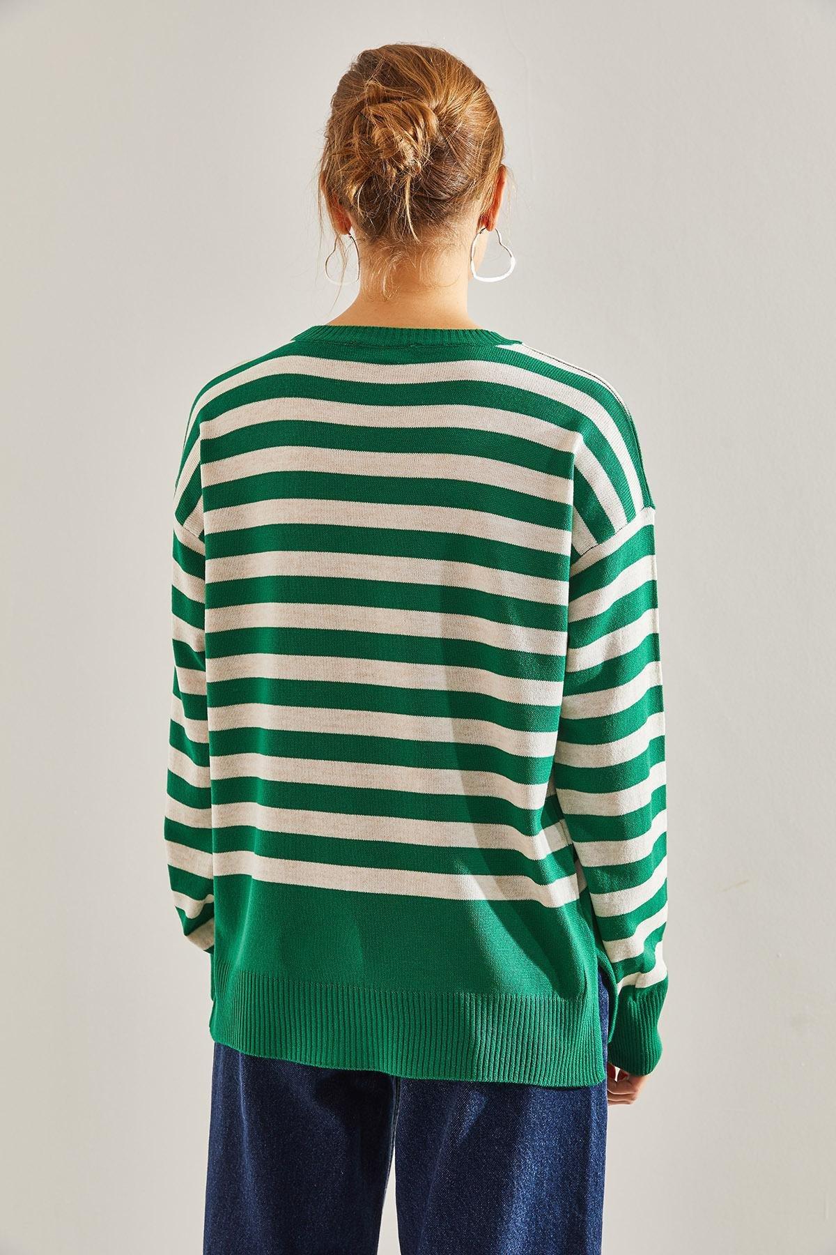 Multicolour Striped Knitted Sweater, Green-White, large image number 3