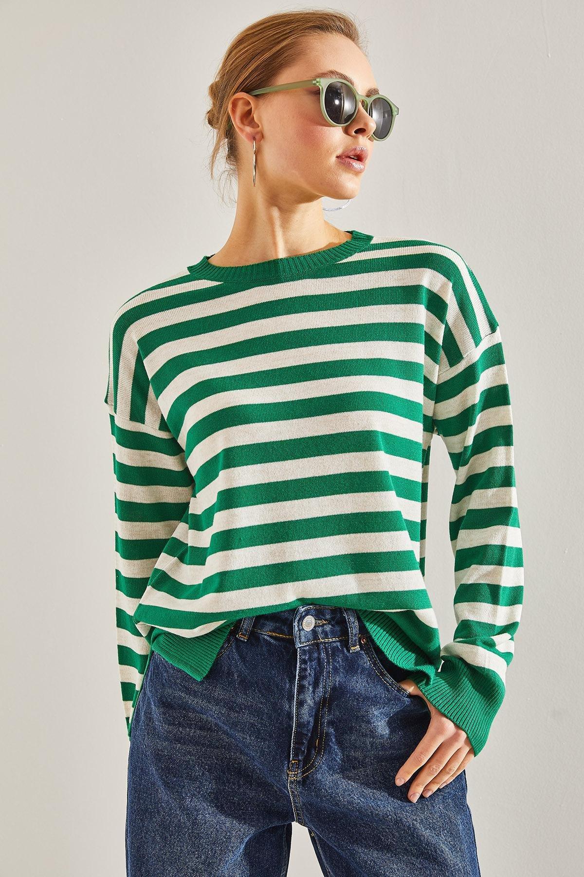 Multicolour Striped Knitted Sweater, Green-White, large image number 4