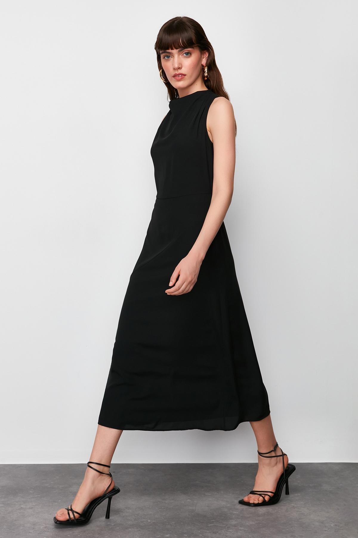 Black Collared Detailed Woven Midi Dress, , large image number 0