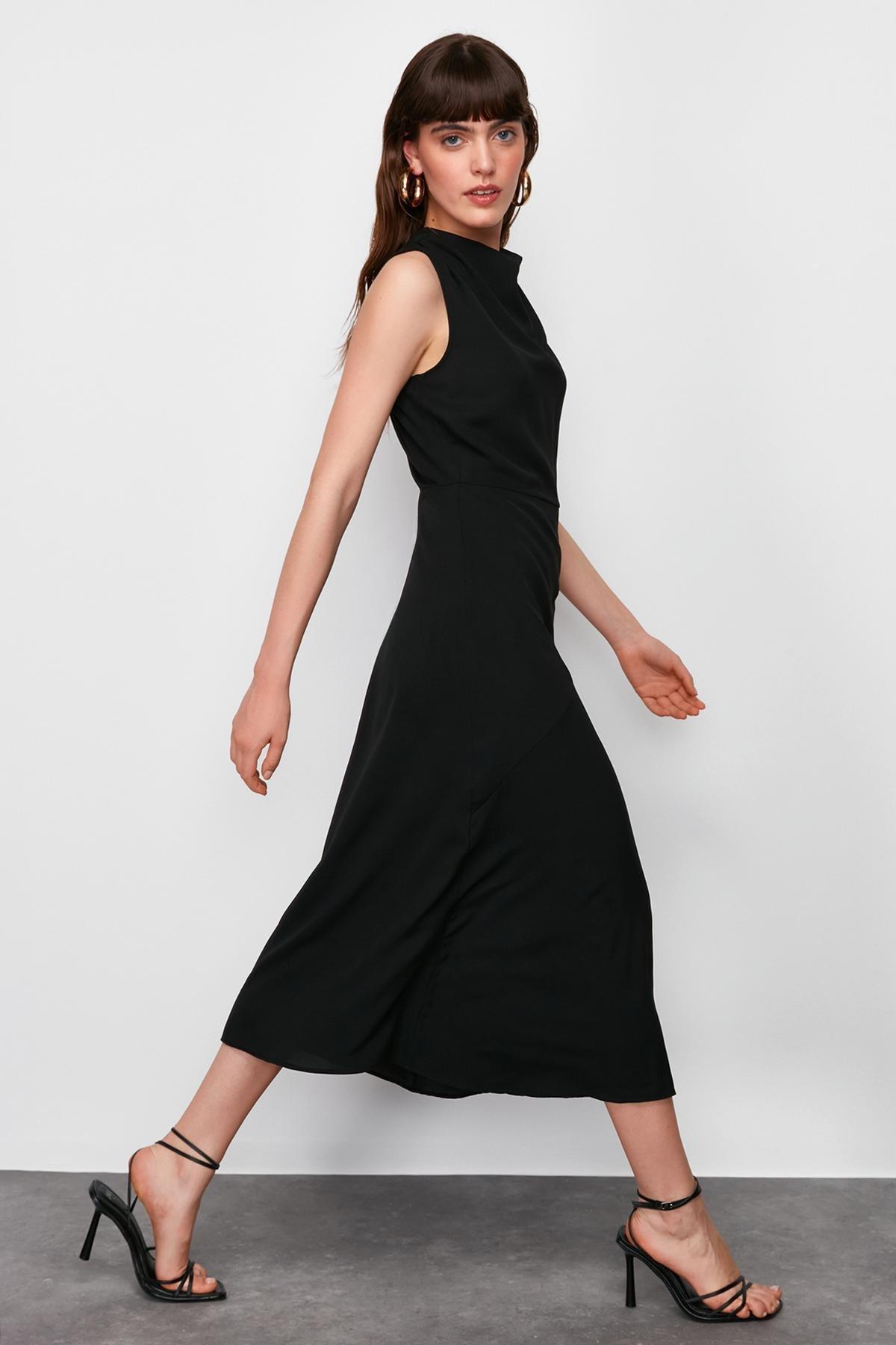 Black Collared Detailed Woven Midi Dress, , large image number 1