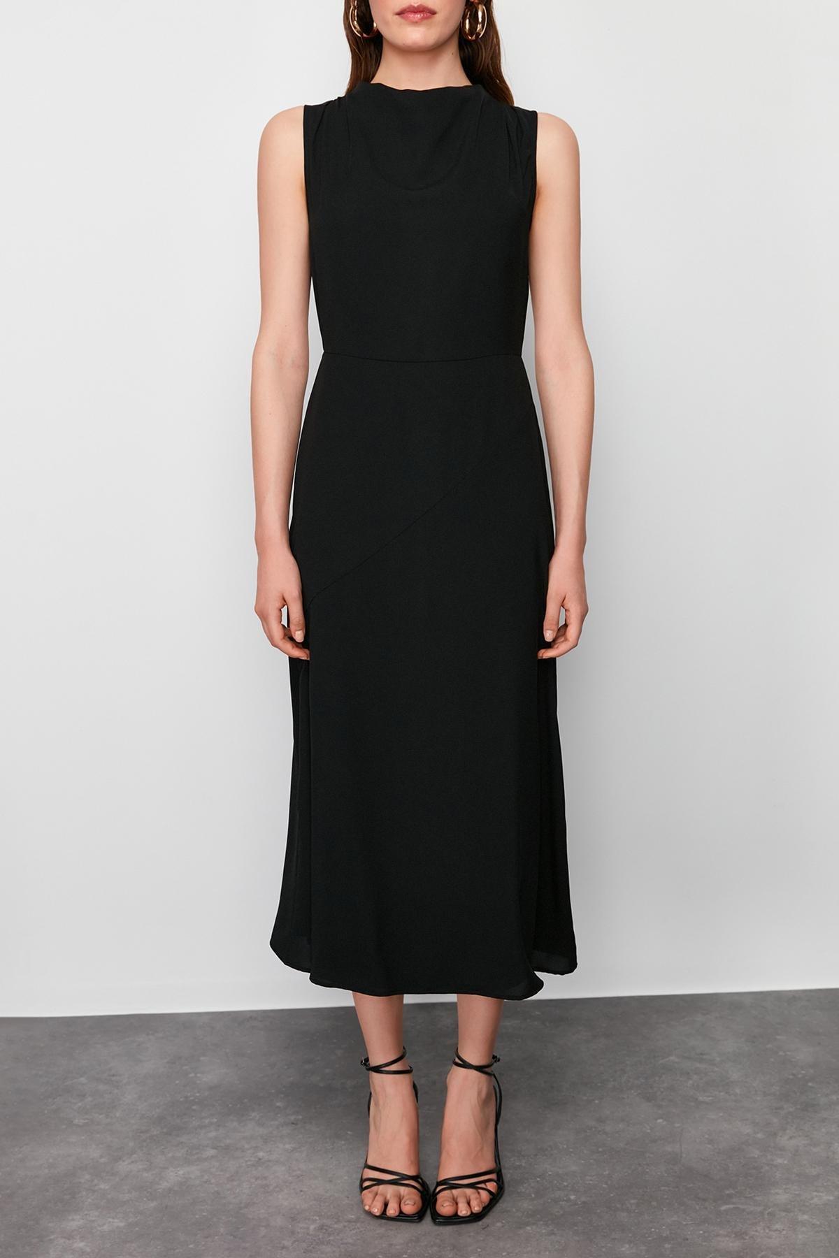 Black Collared Detailed Woven Midi Dress, , large image number 2