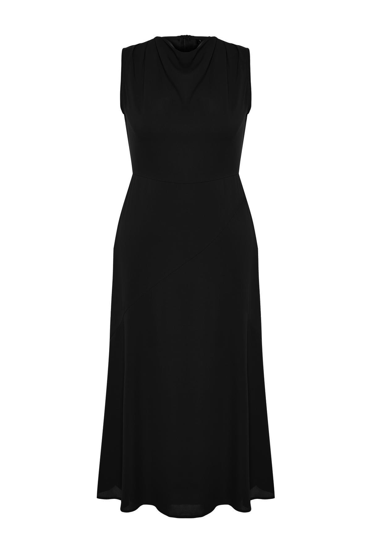 Black Collared Detailed Woven Midi Dress, , large image number 4
