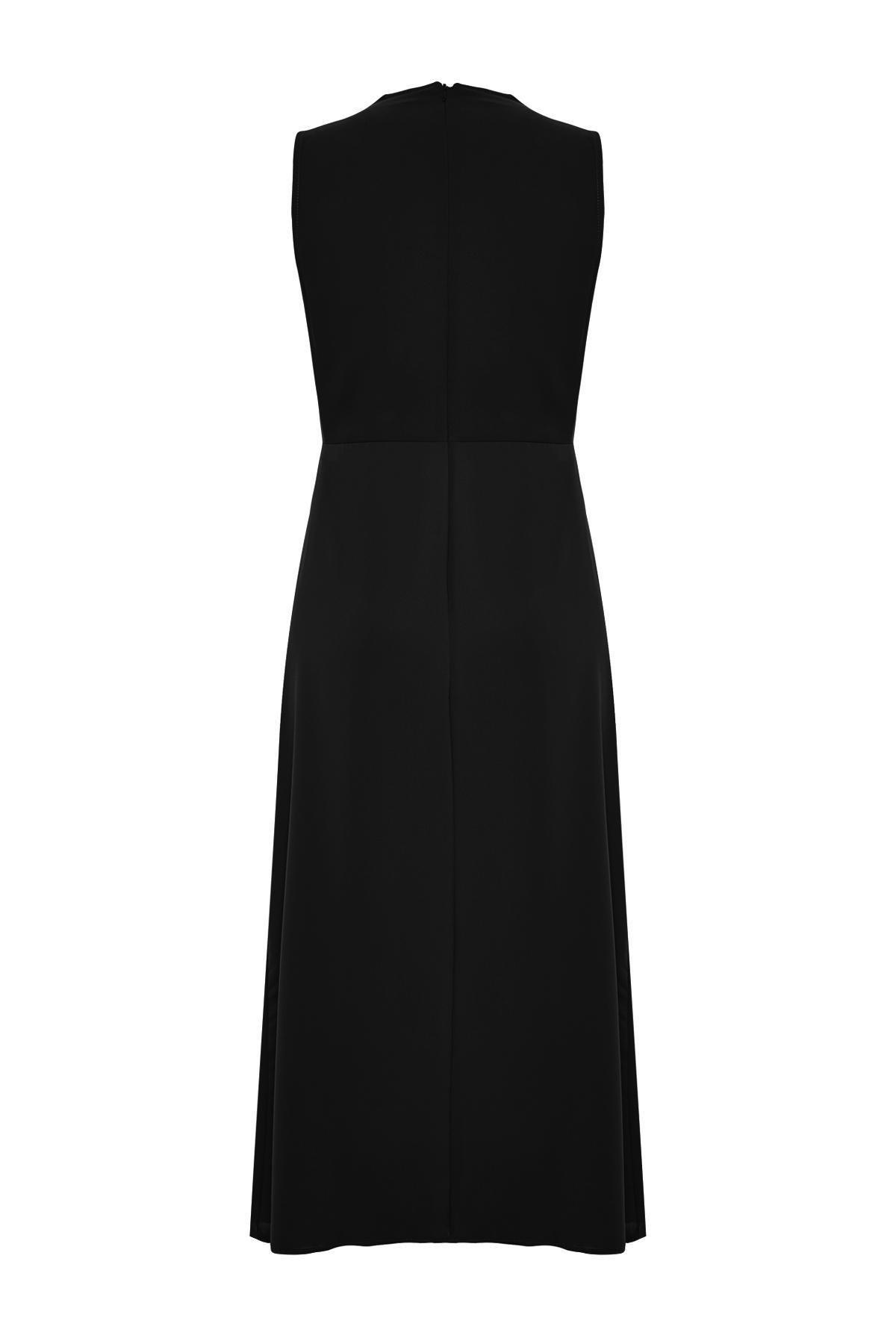 Black Collared Detailed Woven Midi Dress, , large image number 5