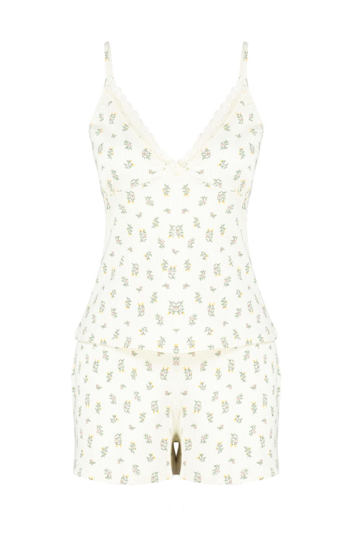 Ecru Floral Lace Detailed Ribbed Pajamas Set, , large image number 5