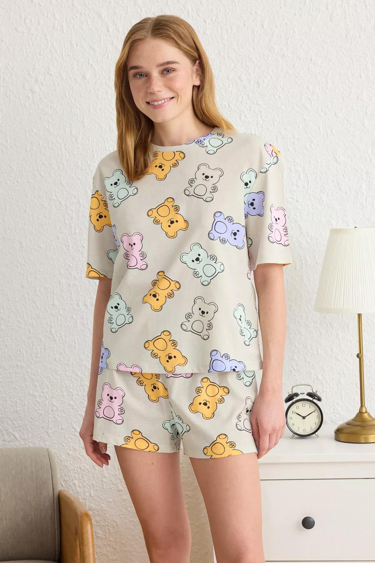 Grey Teddy Bear Shorts Knitted Pajama Set (2 pcs), C101_1653, large image number 0