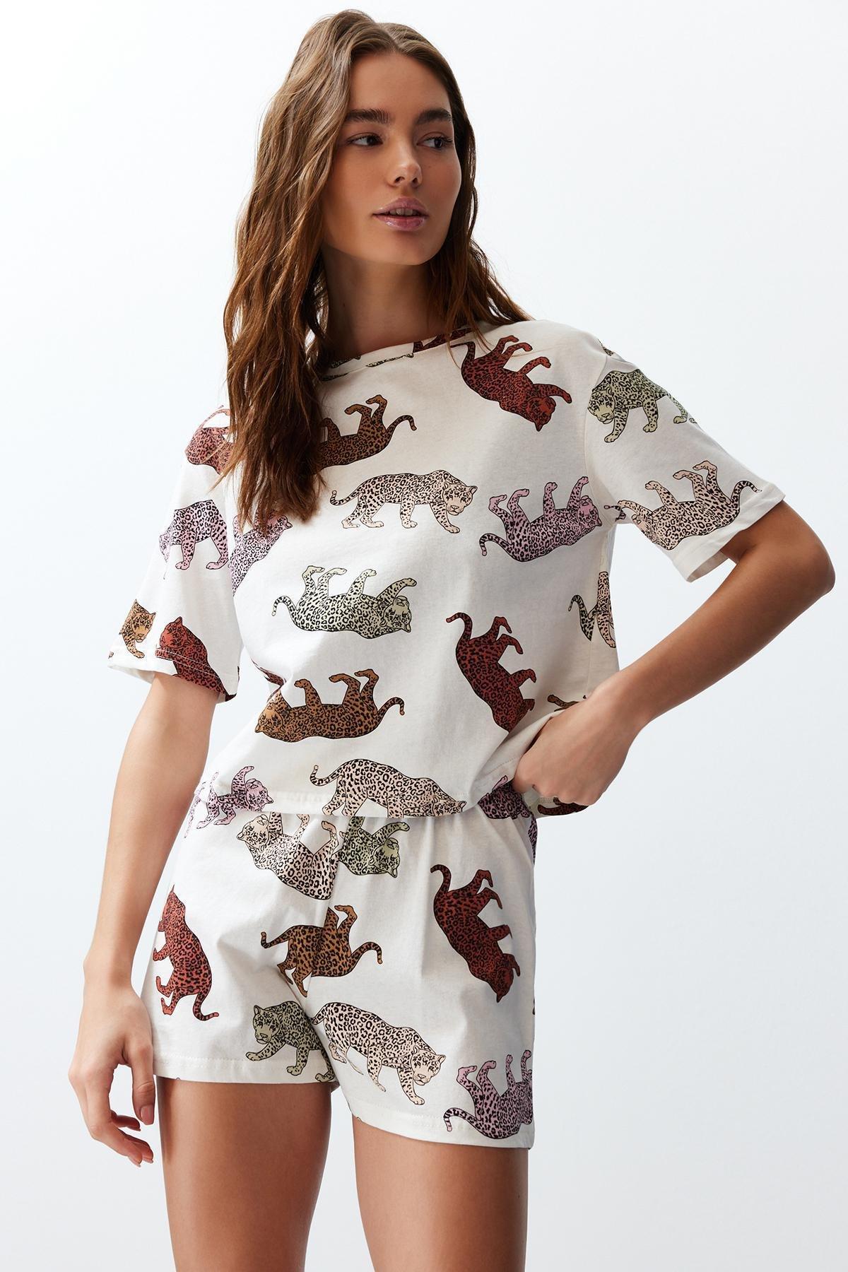 Ecru Cotton Animal Pattern Pajamas Set, , large image number 2