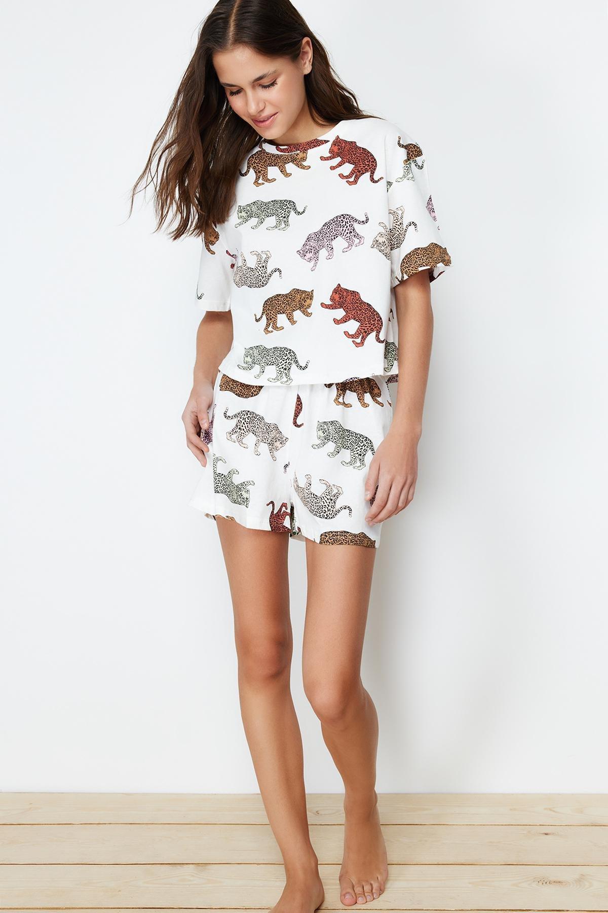 Trendyol - Ecru Cotton Animal Pattern Pajamas Set