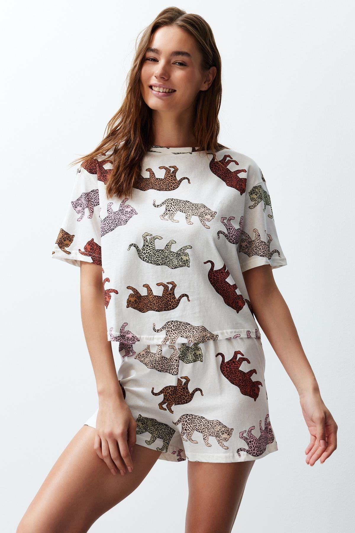 Trendyol - Ecru Cotton Animal Pattern Pajamas Set