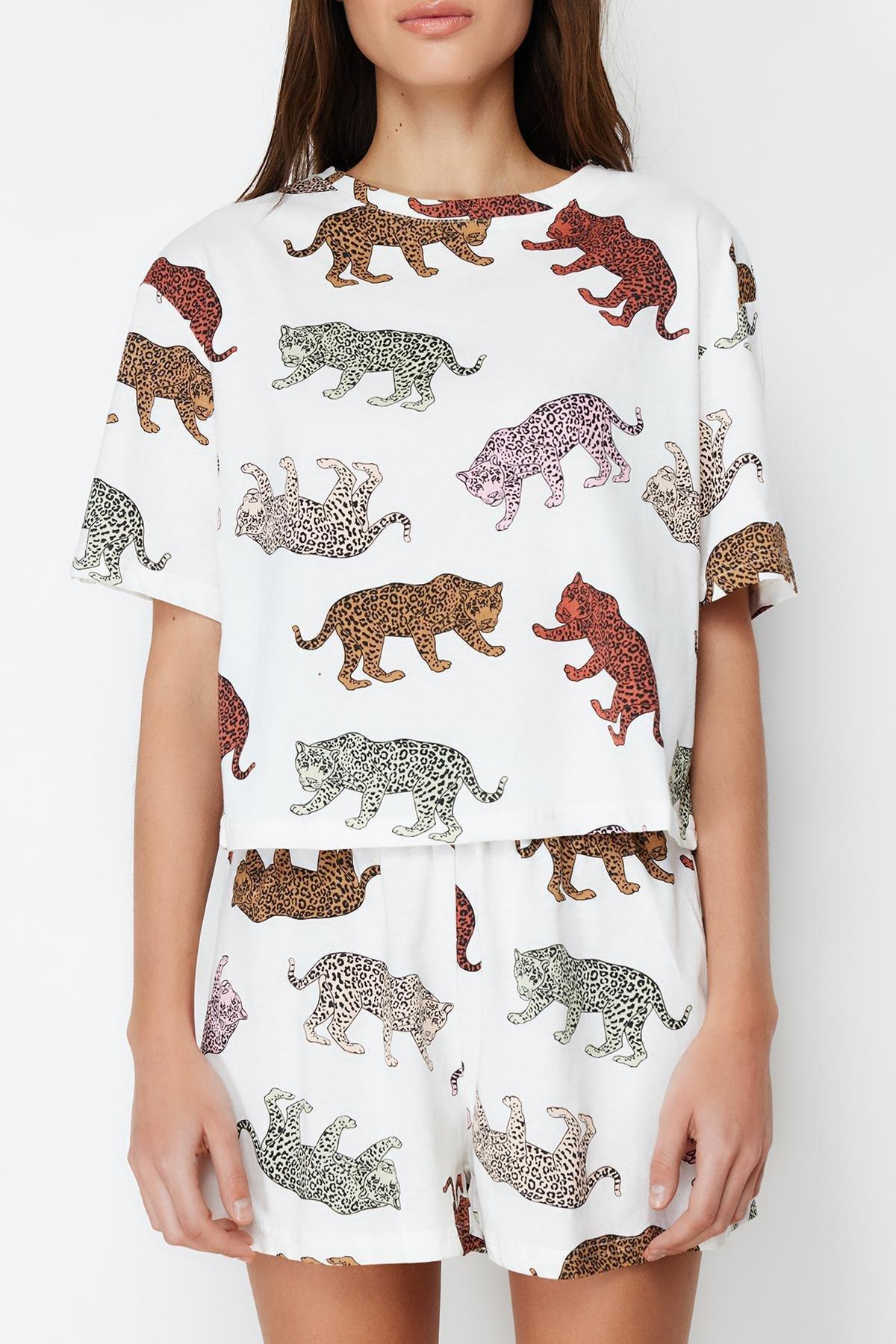 Ecru Cotton Animal Pattern Pajamas Set, , large image number 5