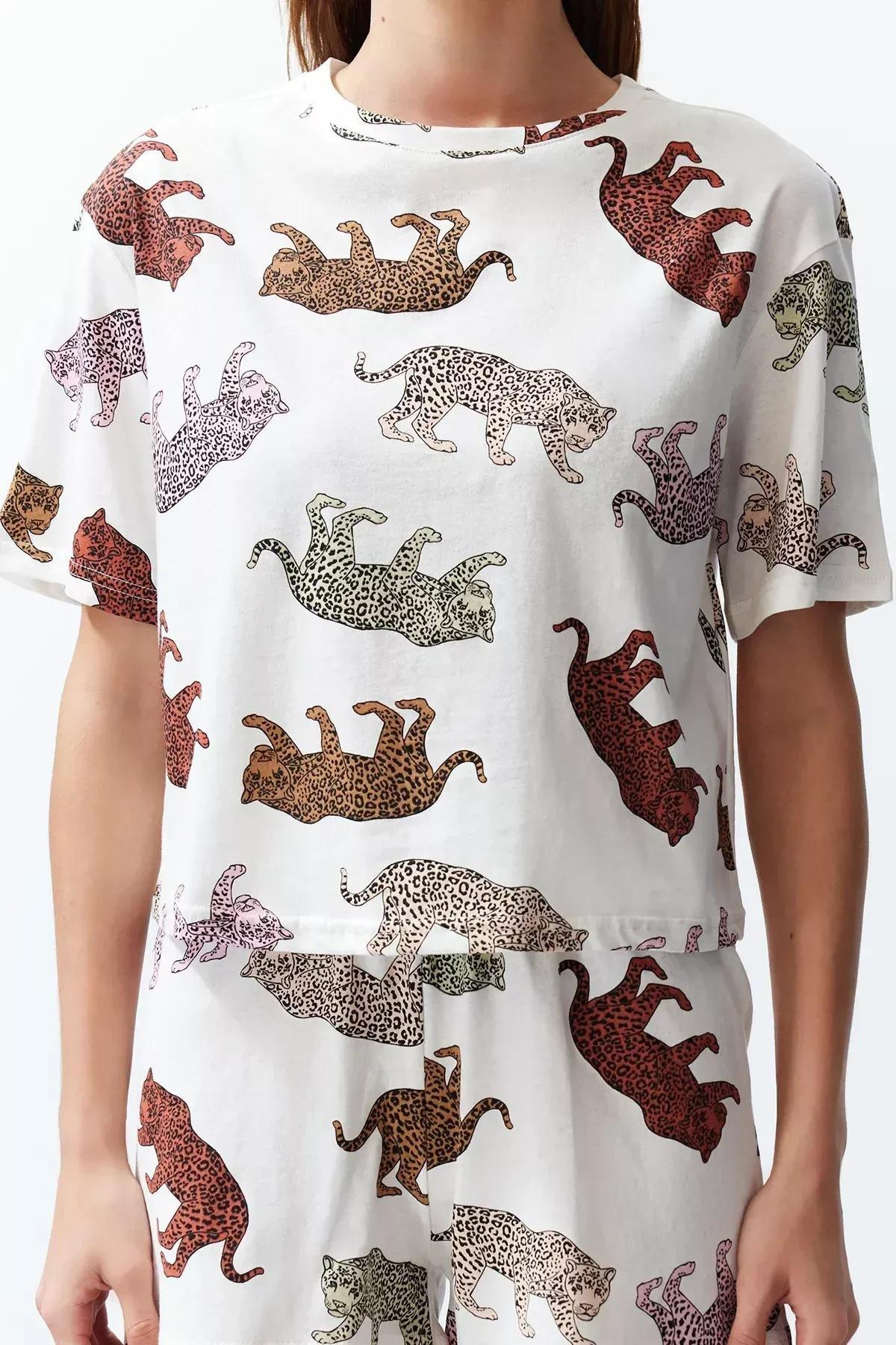 طقم بيجاما قطن بنقشة جلد الحيوانات، كريمي, Ecru, large image number 6