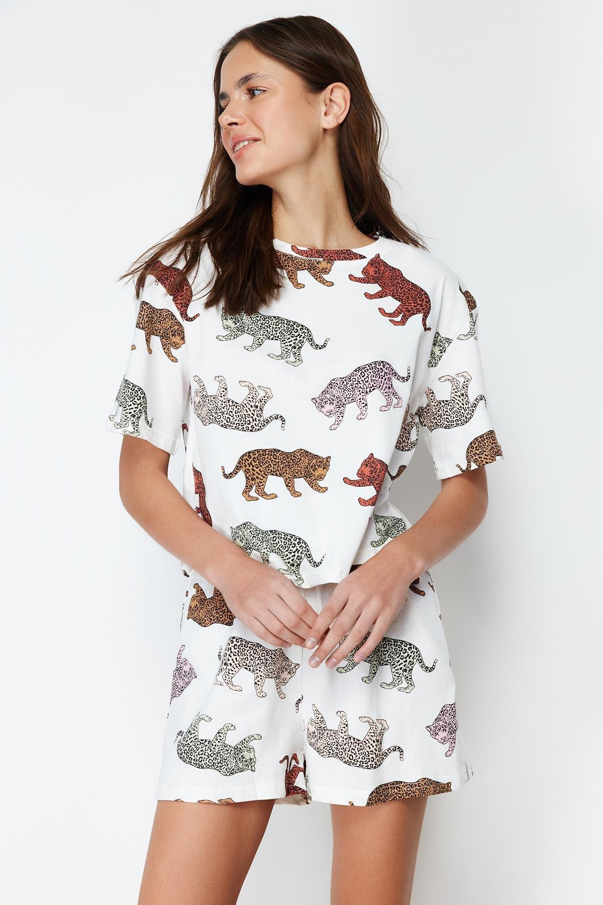 Trendyol - Ecru Cotton Animal Pattern Pajamas Set