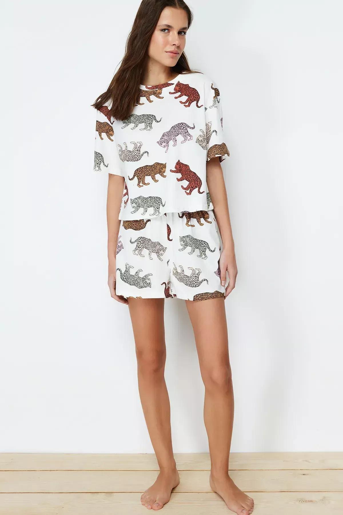 طقم بيجاما قطن بنقشة جلد الحيوانات، كريمي, Ecru, large image number 9