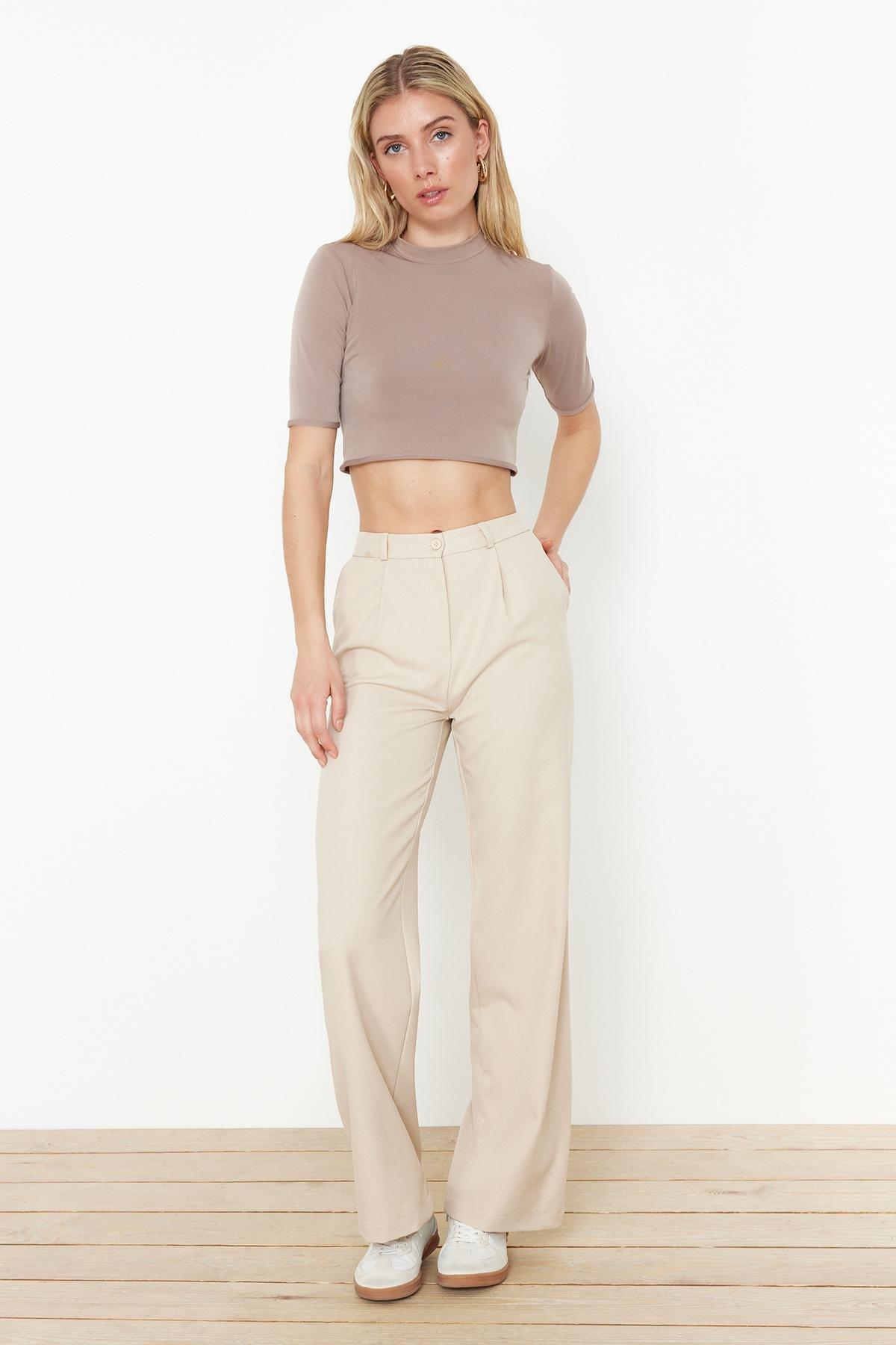 Beige Wide Leg Woven Pants, , large image number 0