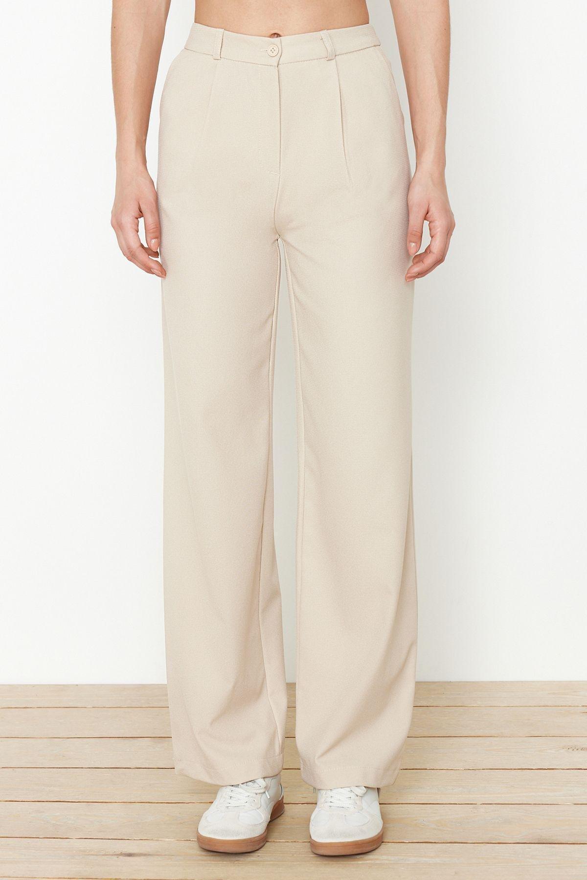 Beige Wide Leg Woven Pants, , large image number 3