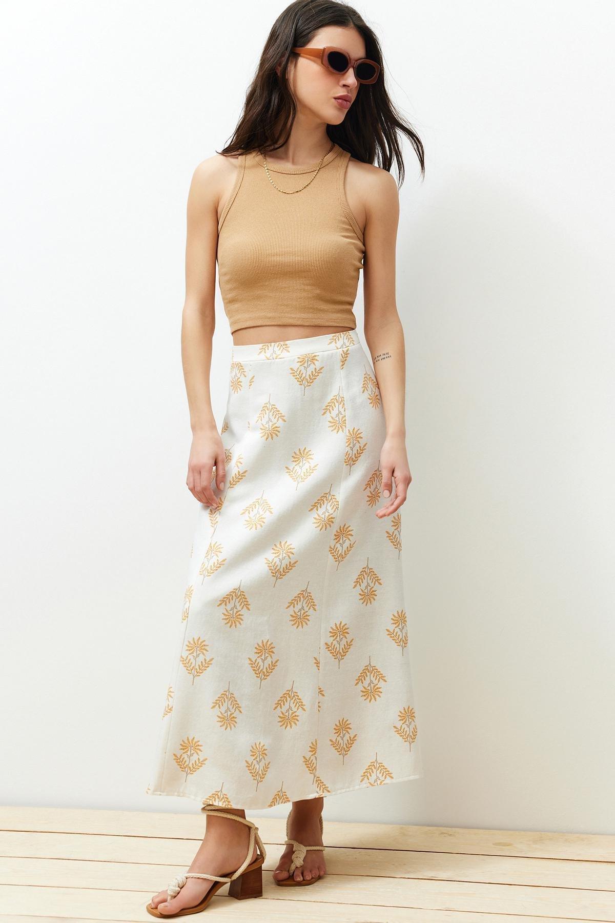 White Floral Midi Skirt, , medium