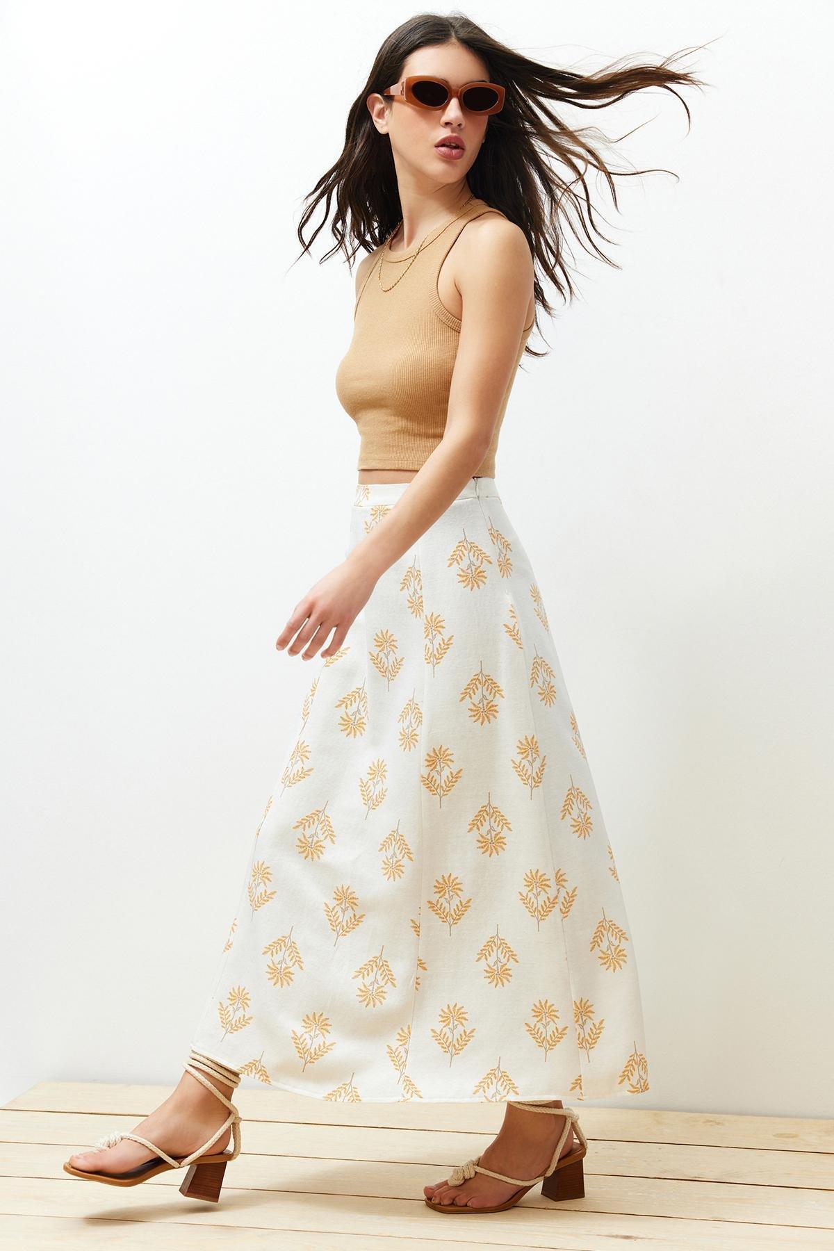 White Floral Midi Skirt, , large image number 1