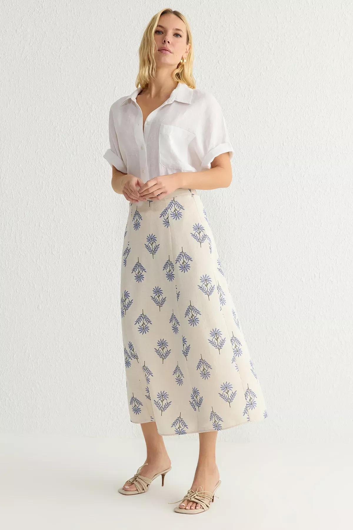 Blue Floral A-line Midi Skirt, , large image number 0